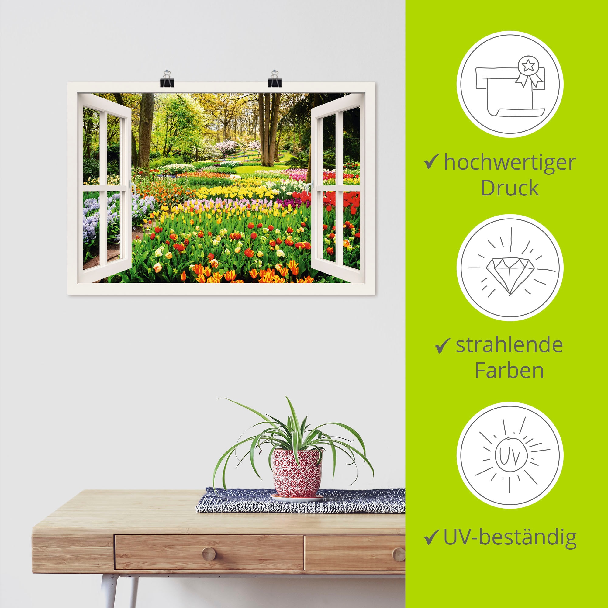 Artland Wandbild »Fensterblick Tulpen Garten Frühling«, Fensterblick, (1 St.), als Alubild, Outdoorbild, Leinwandbild, Poster, Wandaufkleber