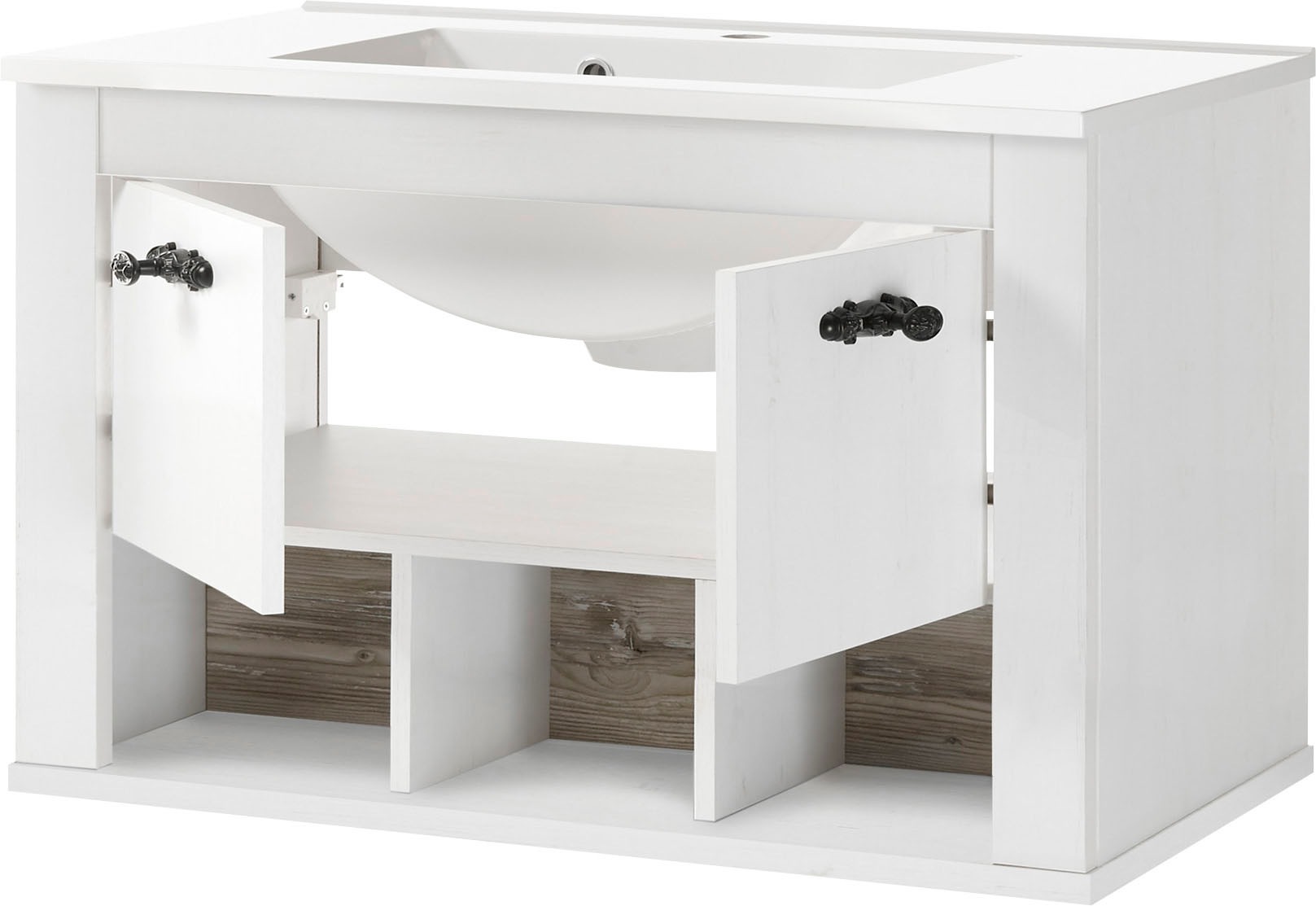 Home affaire Badmöbel-Set »Florenz, Bad im Landhausstil, 5-teiliges Badezimmer«, (5 St.), Hänge-Waschtisch, Schränke, Wandboard und Spiegel, in Pinie Weiss