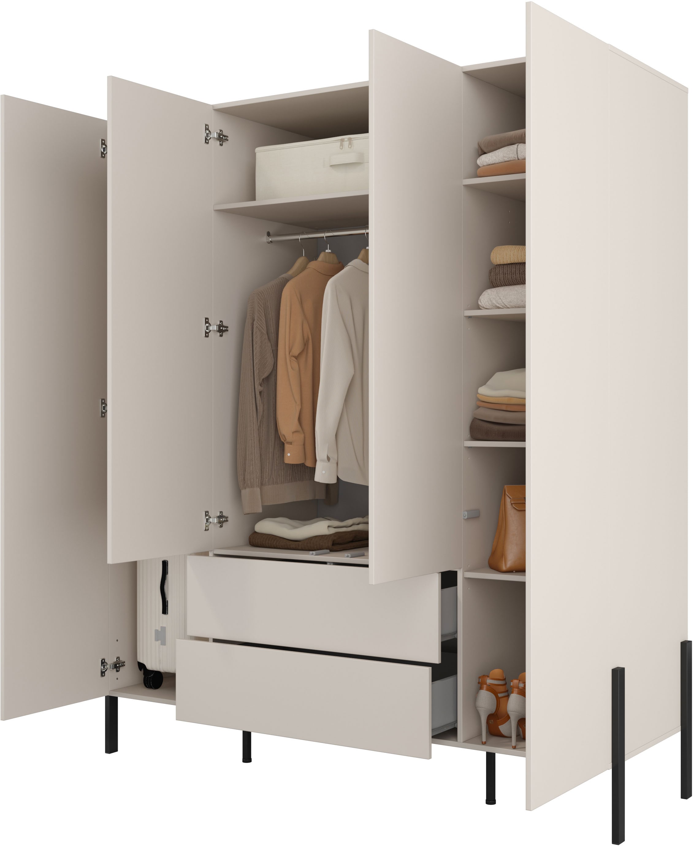 Home affaire Drehtürenschrank »Jukon, moderner Kleiderschrank mit Metallfüssen«, (B/H/T 3-Türer: ca. 135/210/60 4-Türer ca: 180/210/60), Drehtürenschrank 4 Türen/2 Schubkästen, push to open Funktion