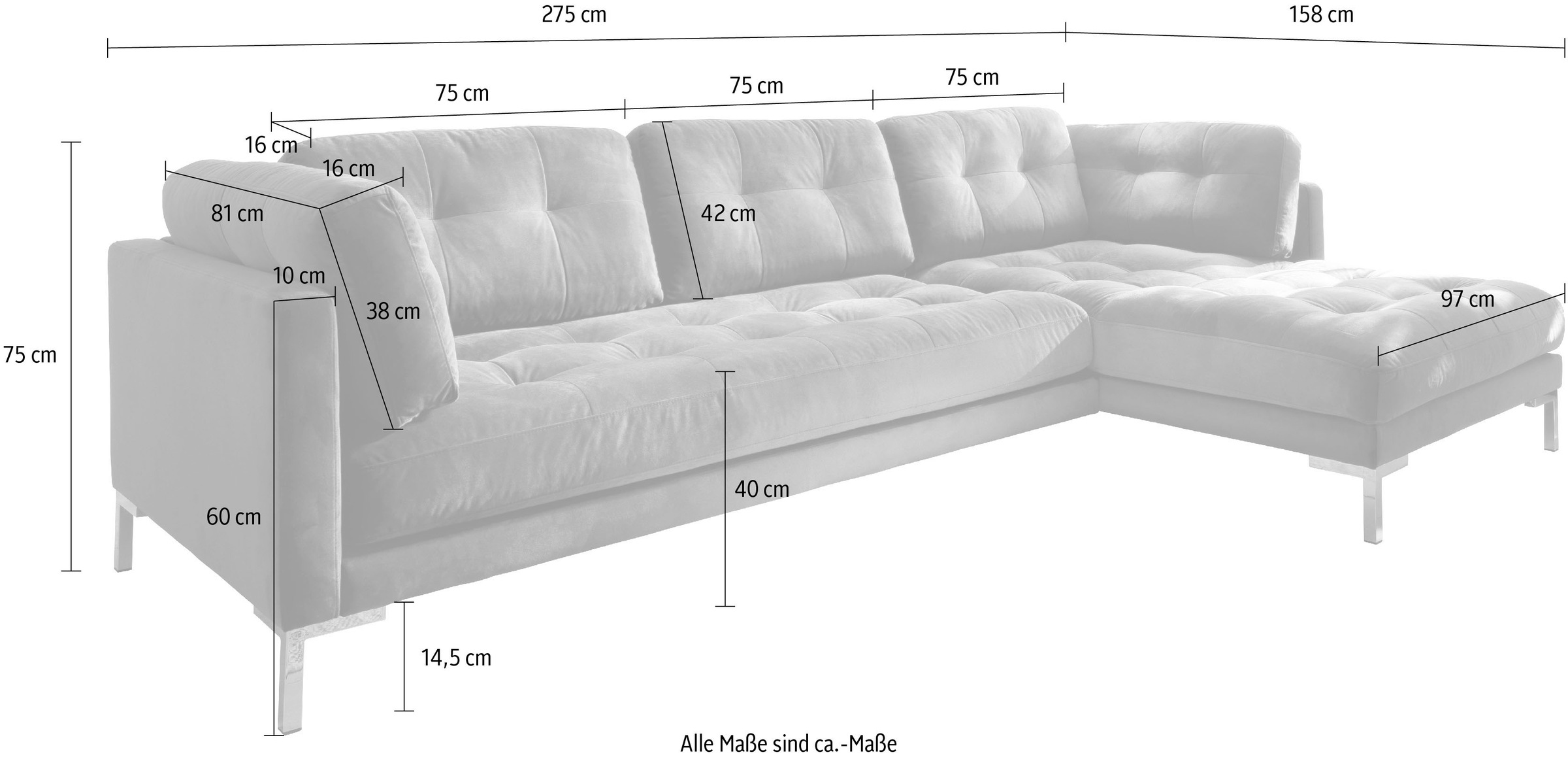 Trends by HG Ecksofa »Landau L-Form«, in Cord-Stoff mit Metallfuss