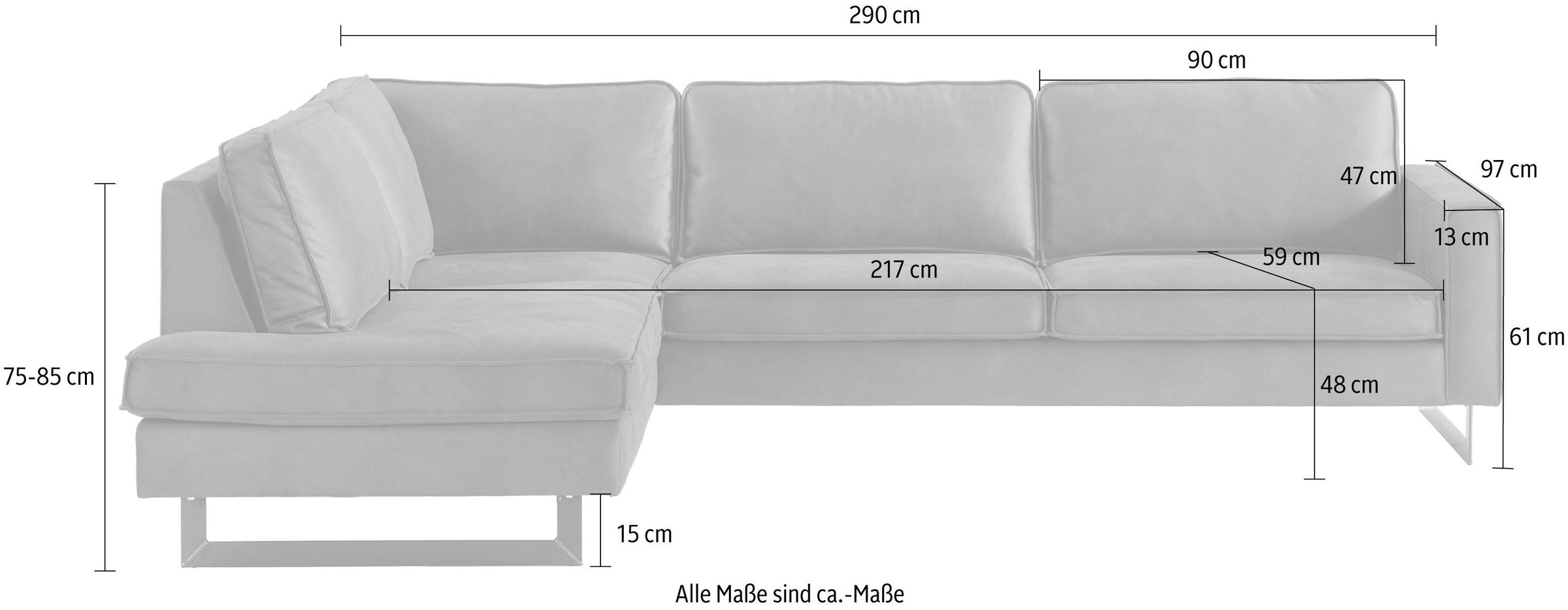Places of Style Ecksofa »Pinto, 290 cm, Cord, Chenille, Lederoptik, Ottomane links / rechts«, mit Keder, schwarze Metallfüsse, Wellenunterfederung