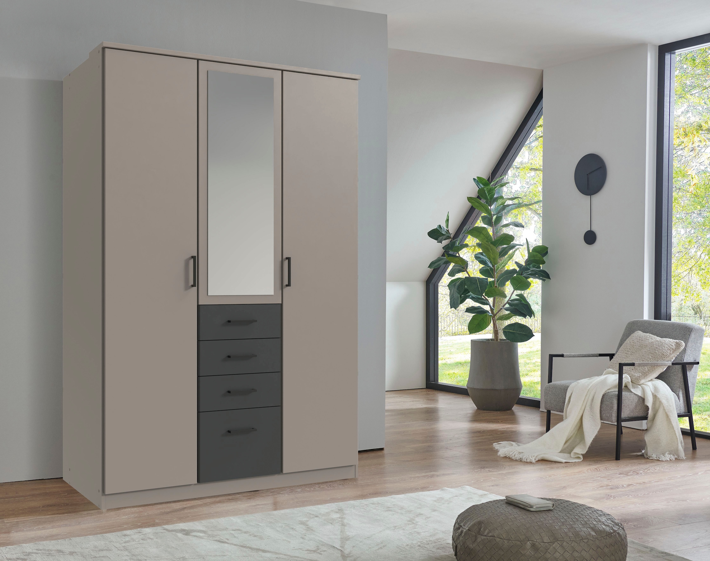 Wimex Kleiderschrank »Cottbus, in weiss oder grau modern kombiniert mit graphitfb.Schubladen«, (in 3 Grössen, schwarze Griffe, Made in Germany), mit 4 Schubladen, wahlweise mit oder ohne Spiegel