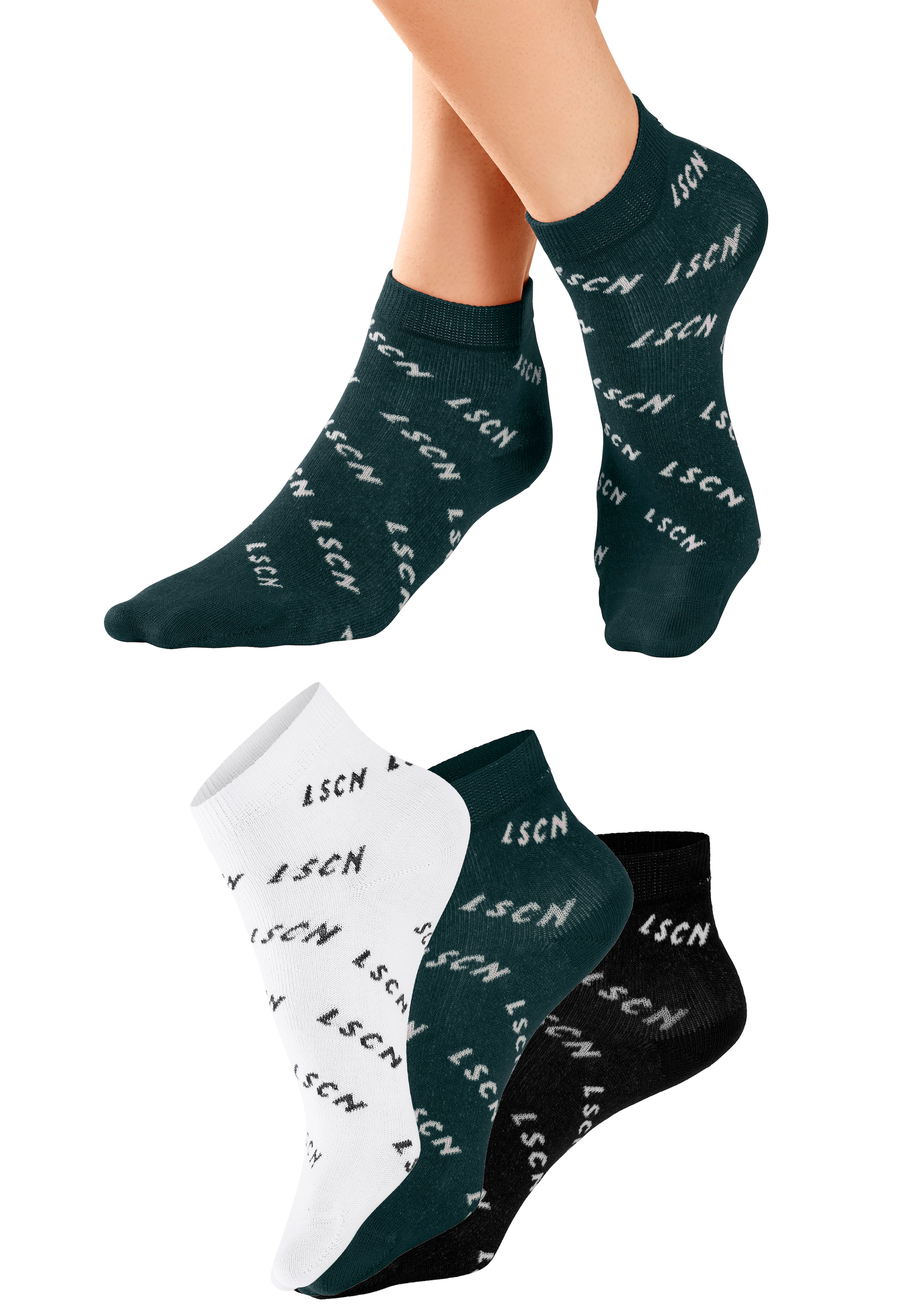 LSCN by LASCANA Kurzsocken Packung, 3 Paar tlg. all over Logo Schriftzug