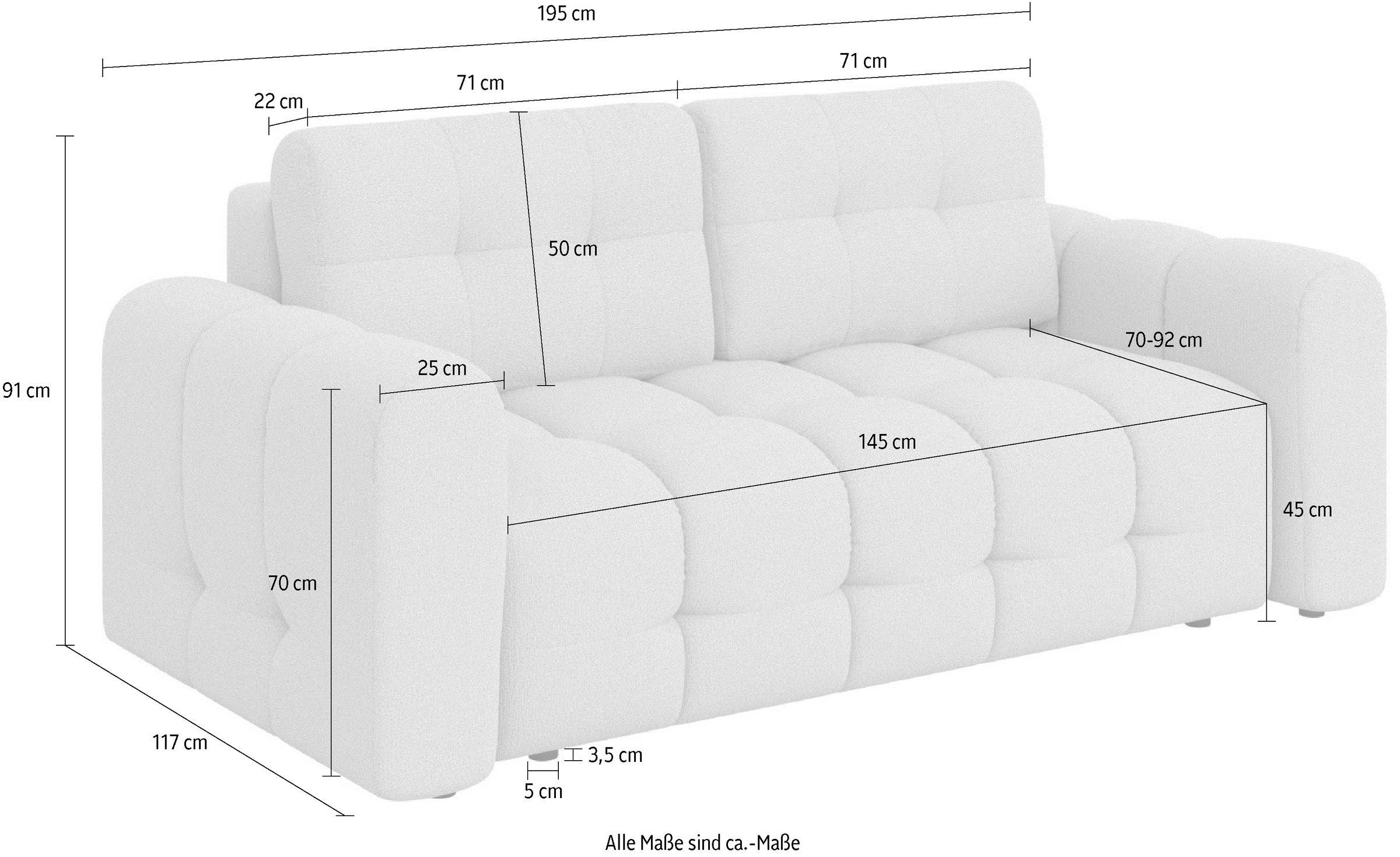 INOSIGN 2-Sitzer »Manilla, trendige Steppung, 2 Rückenkissen, B/T/H 195/107/91 cm«, mit Wellenunterfederung, in verschiedenen Materialien und Farben
