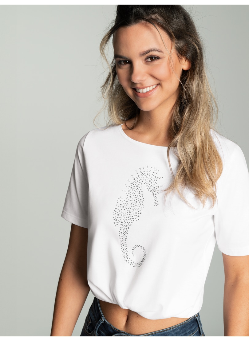 Trigema T-Shirt »TRIGEMA T-Shirt mit Seepferdchen-Print aus Strasssteinchen« 1 Stk.