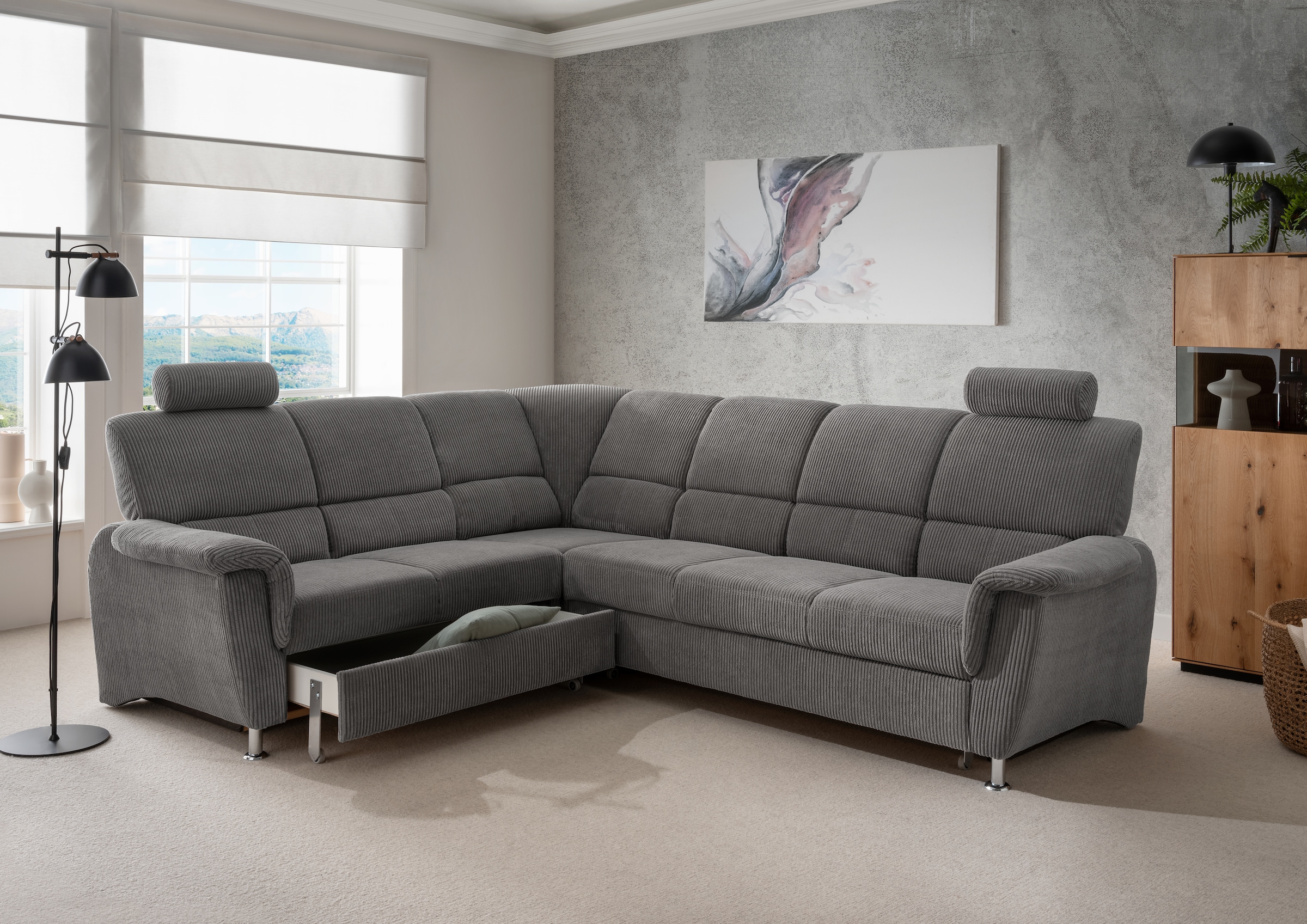 Home affaire Ecksofa »Pisa L-Form, mit Schlaffunktion, Stauraum, 2x höhenverstellbare«, Kopfstützen und Relaxfunktion im Eckelement