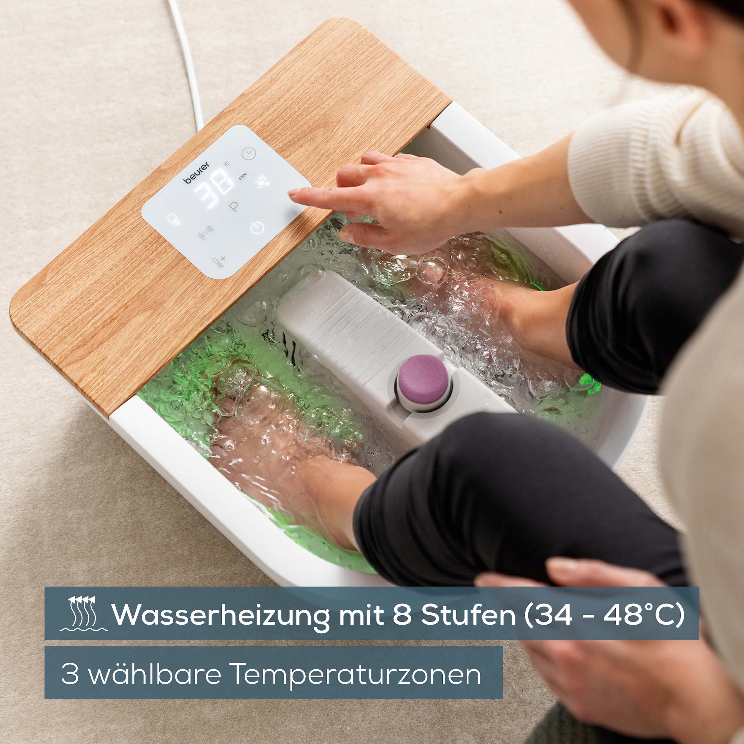 BEURER Fussbad »FB 65 mit Wasserheizung von 34 - 48°C, inkl. 3 Massageaufsätze«, Zuschaltbare Ambientebeleuchtung mit 6 Lichteffekten