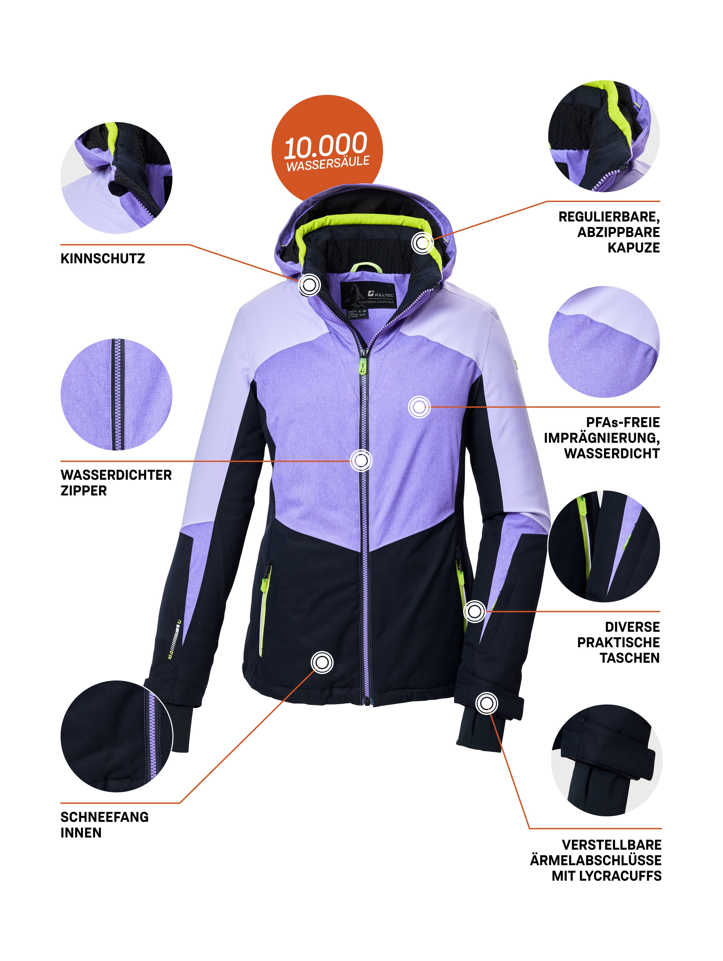 Killtec Skijacke »KSW 66 WMN SKI JCKT«, Damen Skijacke: wasserdicht, atmungsaktiv, Colourblock Design