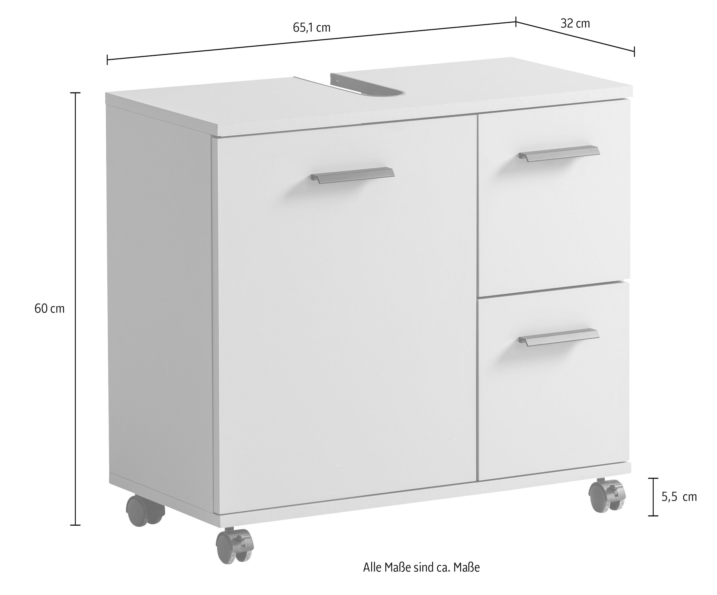 welltime Waschbeckenunterschrank »Emmi, Breite 65 cm made in Germany«, Siphonausschnitt, Metallbeschläge