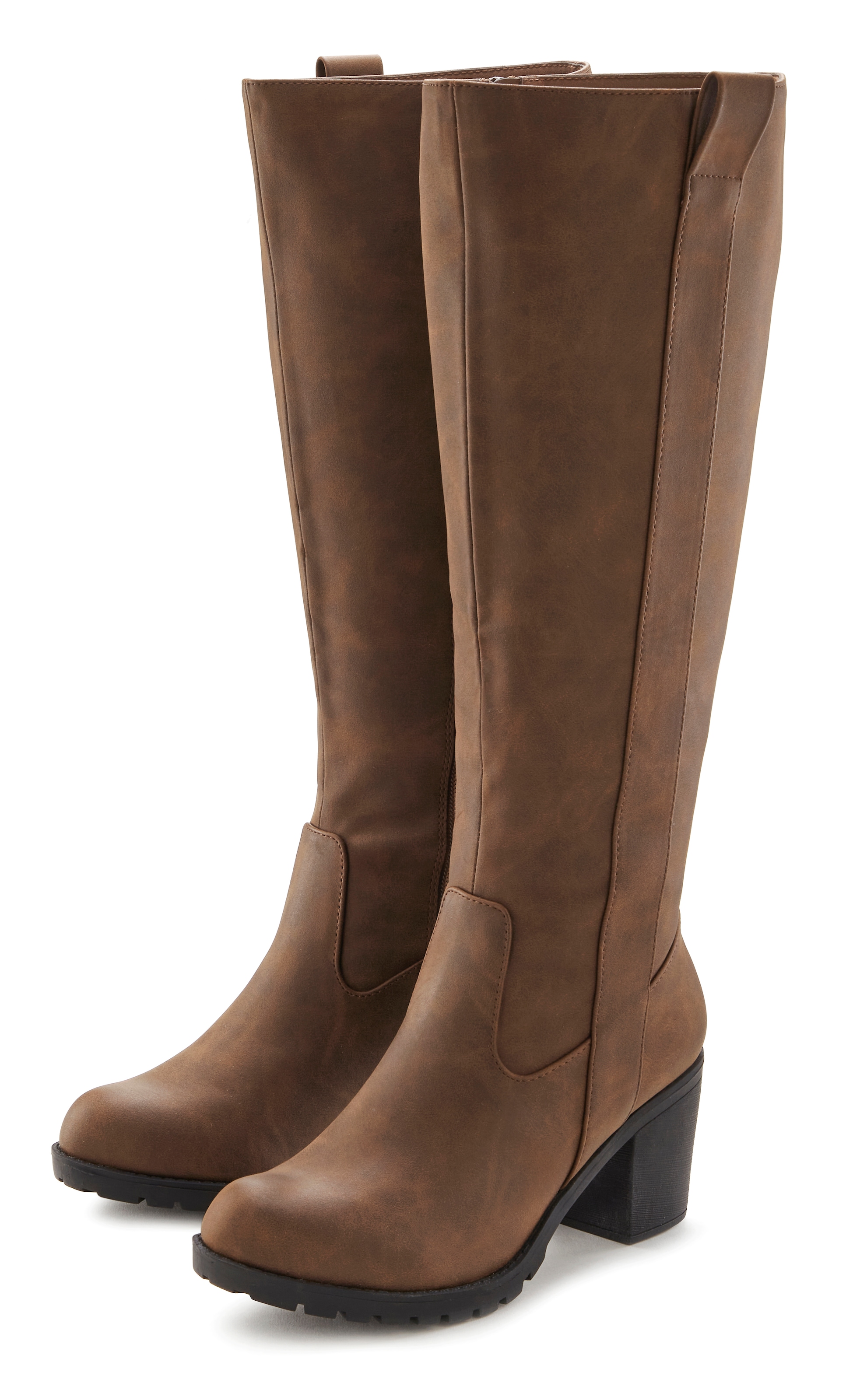 LASCANA Weitschaftstiefel, Stiefel, Stiefelette, langer Stiefel, Blockabsatz, Cowboy Stil VEGAN