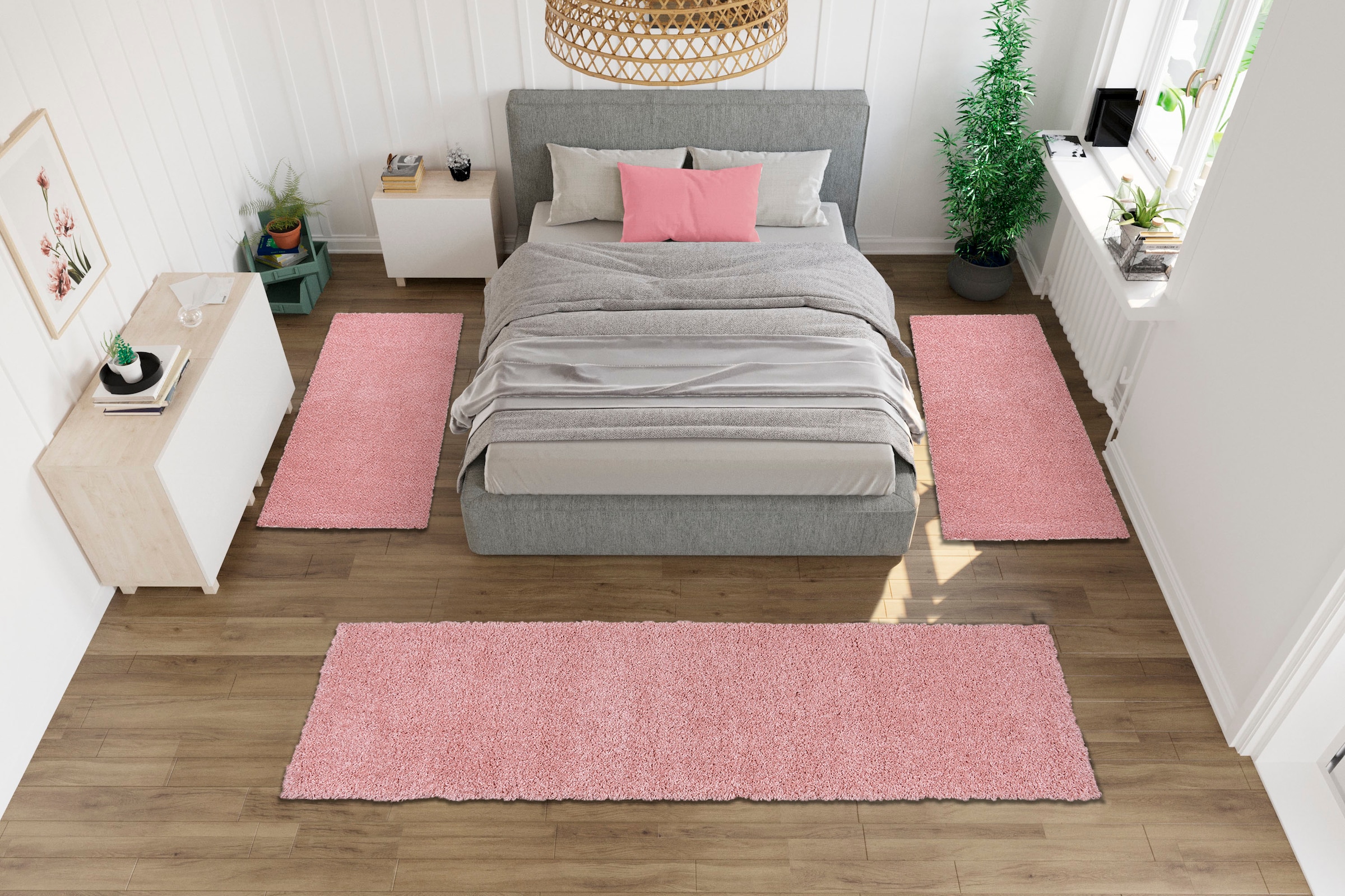 my home Bettumrandung »Shaggy 30«, (3 tlg.), gewebt, 2- oder 3-teilig, Bettvorleger, Läufer-Set, Uni-Farben