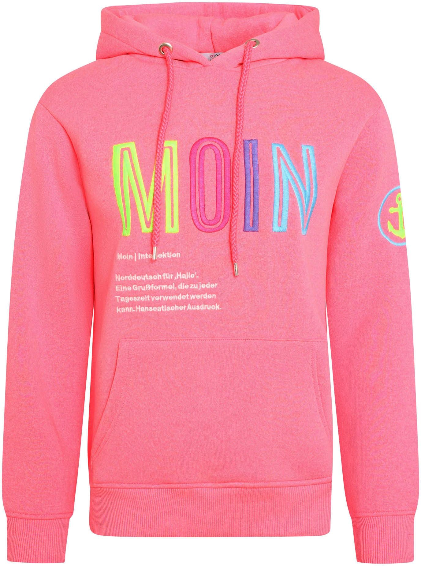 Zwillingsherz Sweat-Hoodie, mit aufgesticktem "MOIN"-Schriftzug in Neonfarben