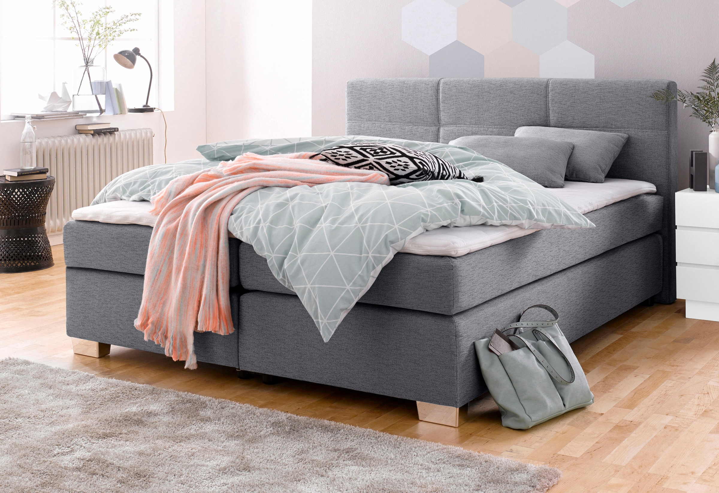 Jockenhöfer Gruppe Boxspringbett "EVITA inkl. Bonnell-Federkernmatratze H2" Inkl. Topper & Kissen, Kunstleder/Strukturstoff, 140/180 cm x 200 cm