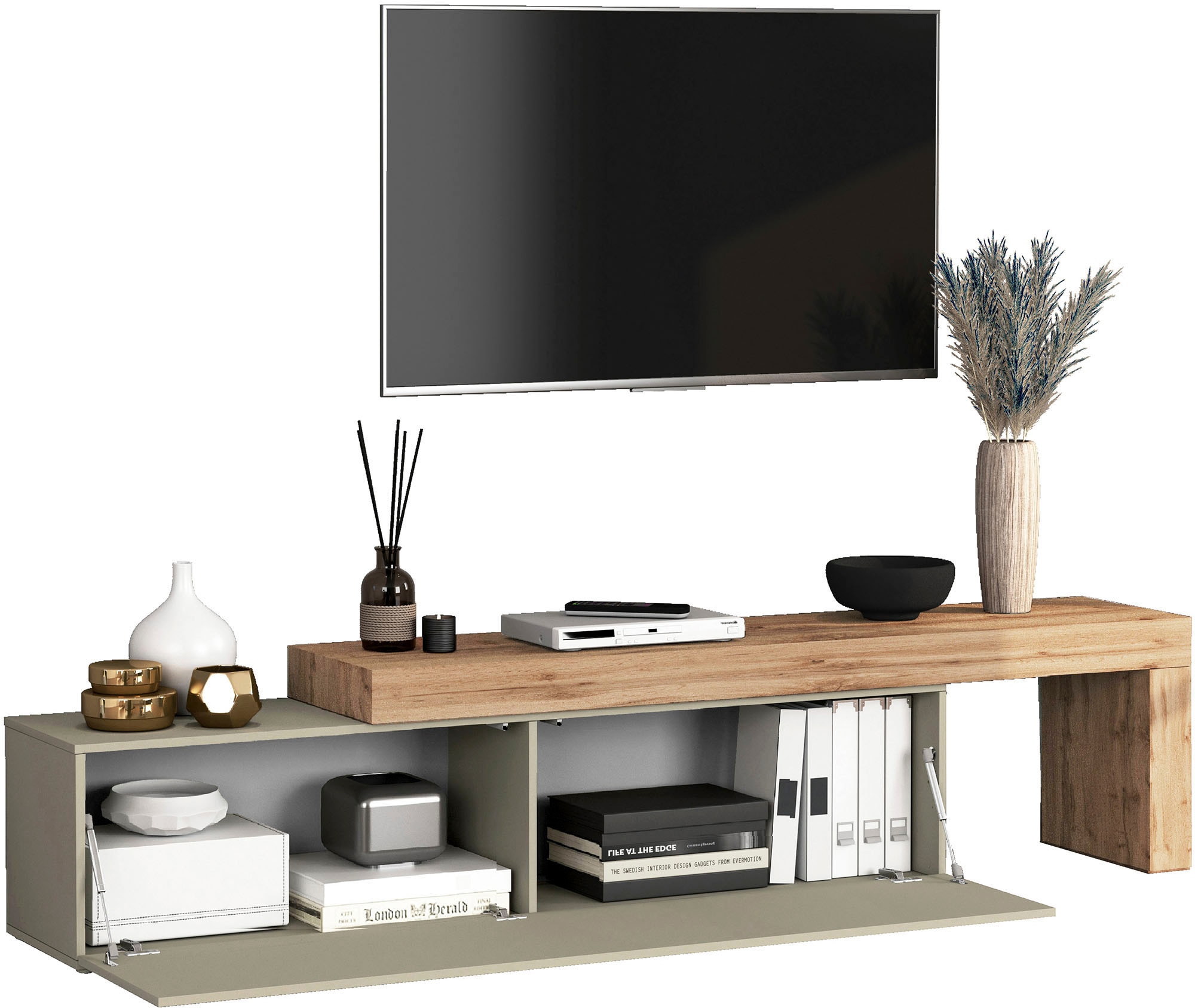 INOSIGN Lowboard »Chronos TV-Board, TV-Schrank«, (1 St., Breite verstellbar von 190 bis 350 cm), Breite 270 cm TV-Board,Lowboard,1 Klappe und ein L-Förmiger Aufsatz