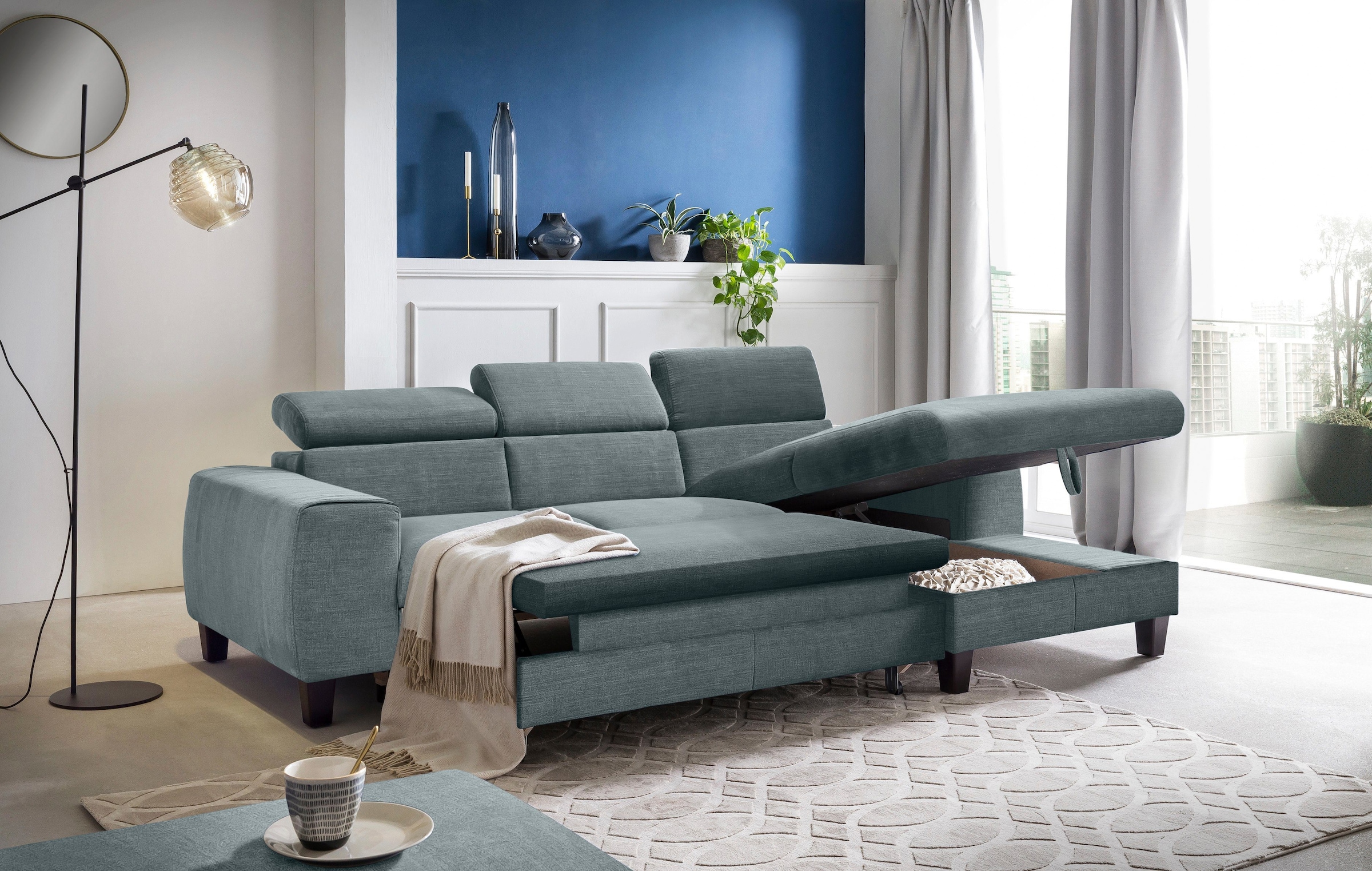 COTTA Polstergarnitur »Morven L-Form«, (Set), Set bestehend aus: Ecksofa mit Kopfteilverstellung & Hocker