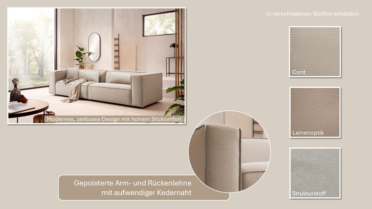 LeGer Home by Lena Gercke 3-Sitzer »PIARA, Couch mit Kedernaht, Sofa in Cord oder Leinenoptik«, schwarze Füsse, bequemer Sitzkomfort