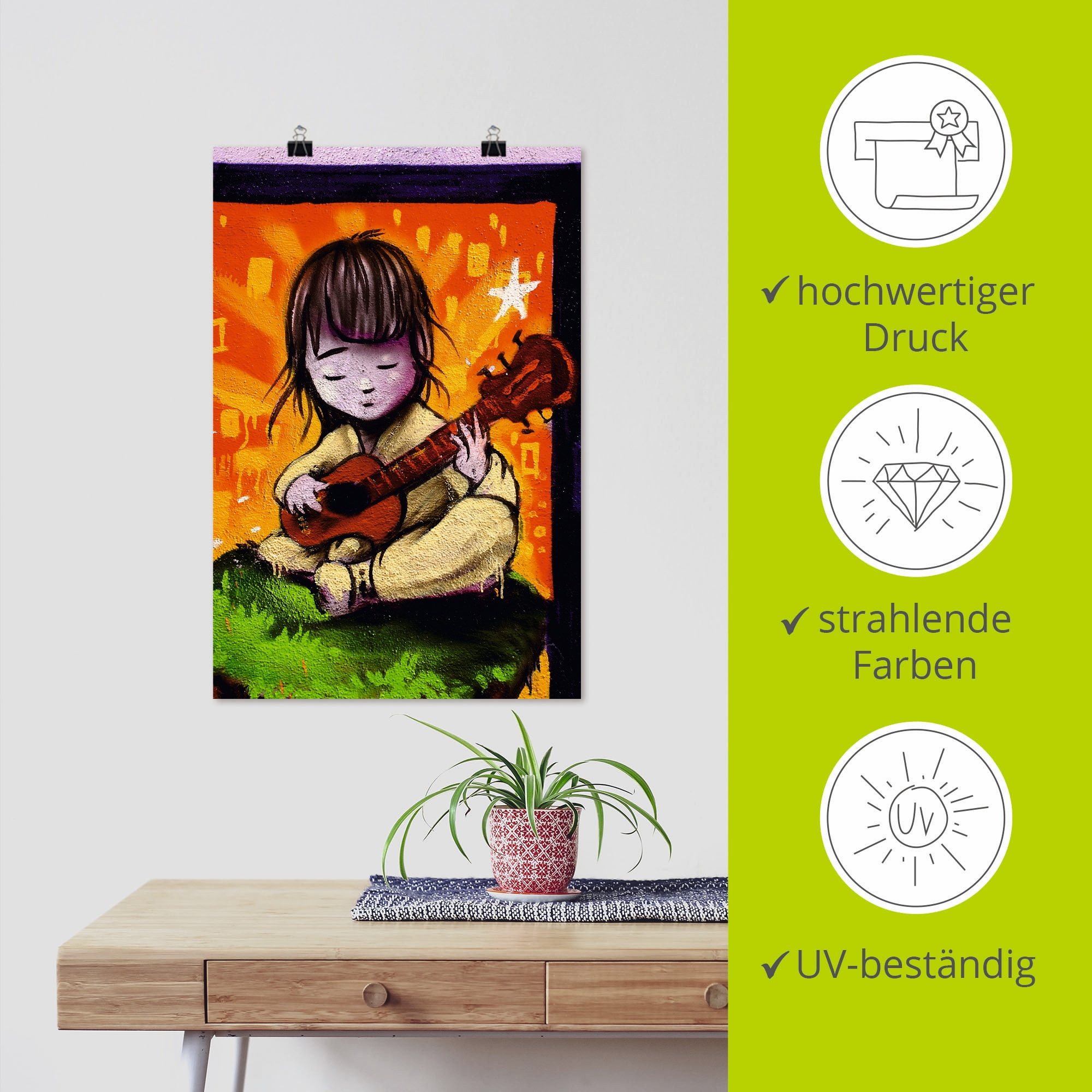 Artland Poster »Junge mit Gitarre - Graffiti«, Kind, (1 St.), als Alubild, Leinwandbild, Wandaufkleber oder Poster in versch. Grössen