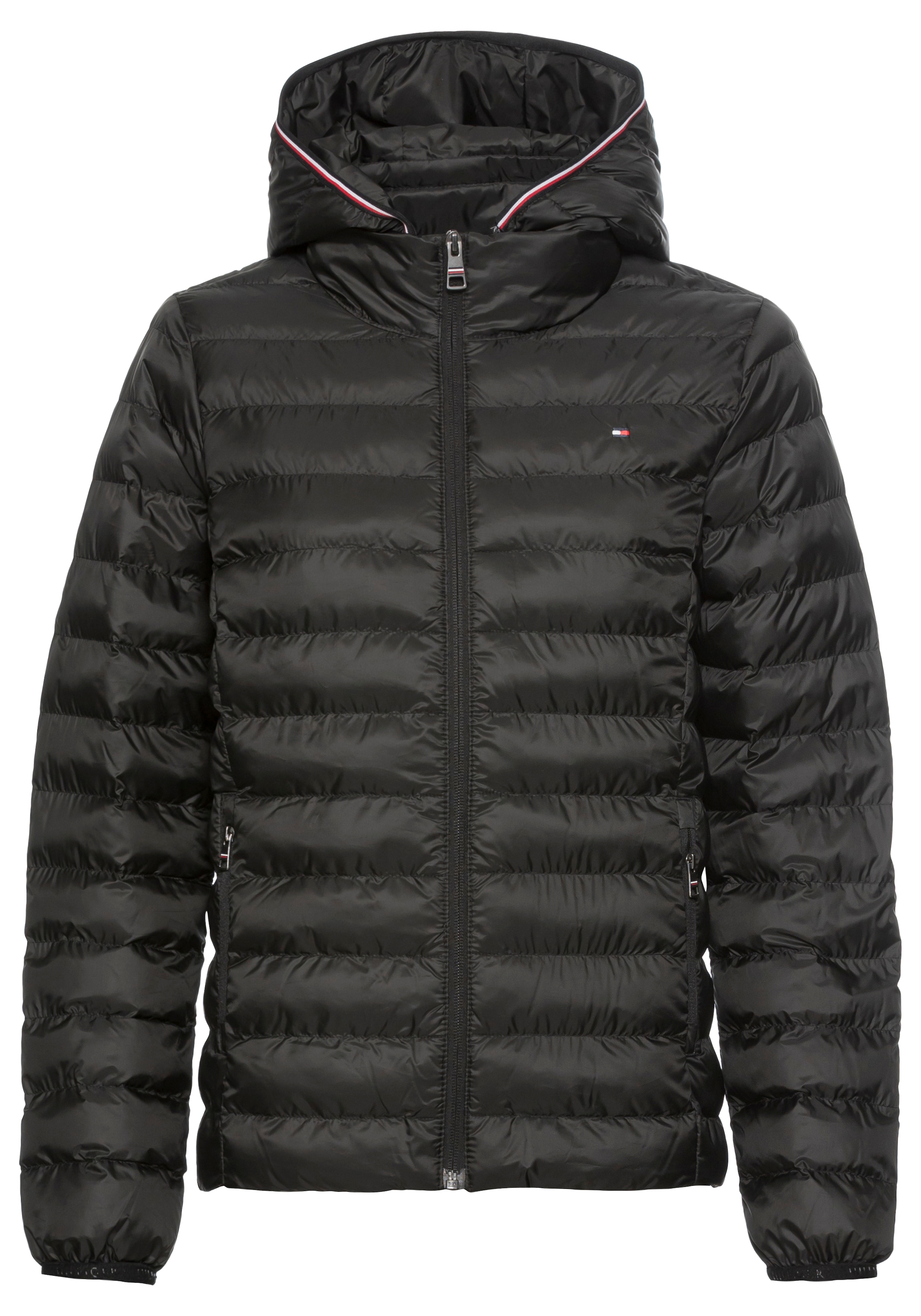 Tommy Hilfiger Damen Schwarz Steppjacke "Lw Padded Global Stripe Jacket" Global Serie Th Women, Mit Kapuze Sportive Kapuze Mit Global Stripe