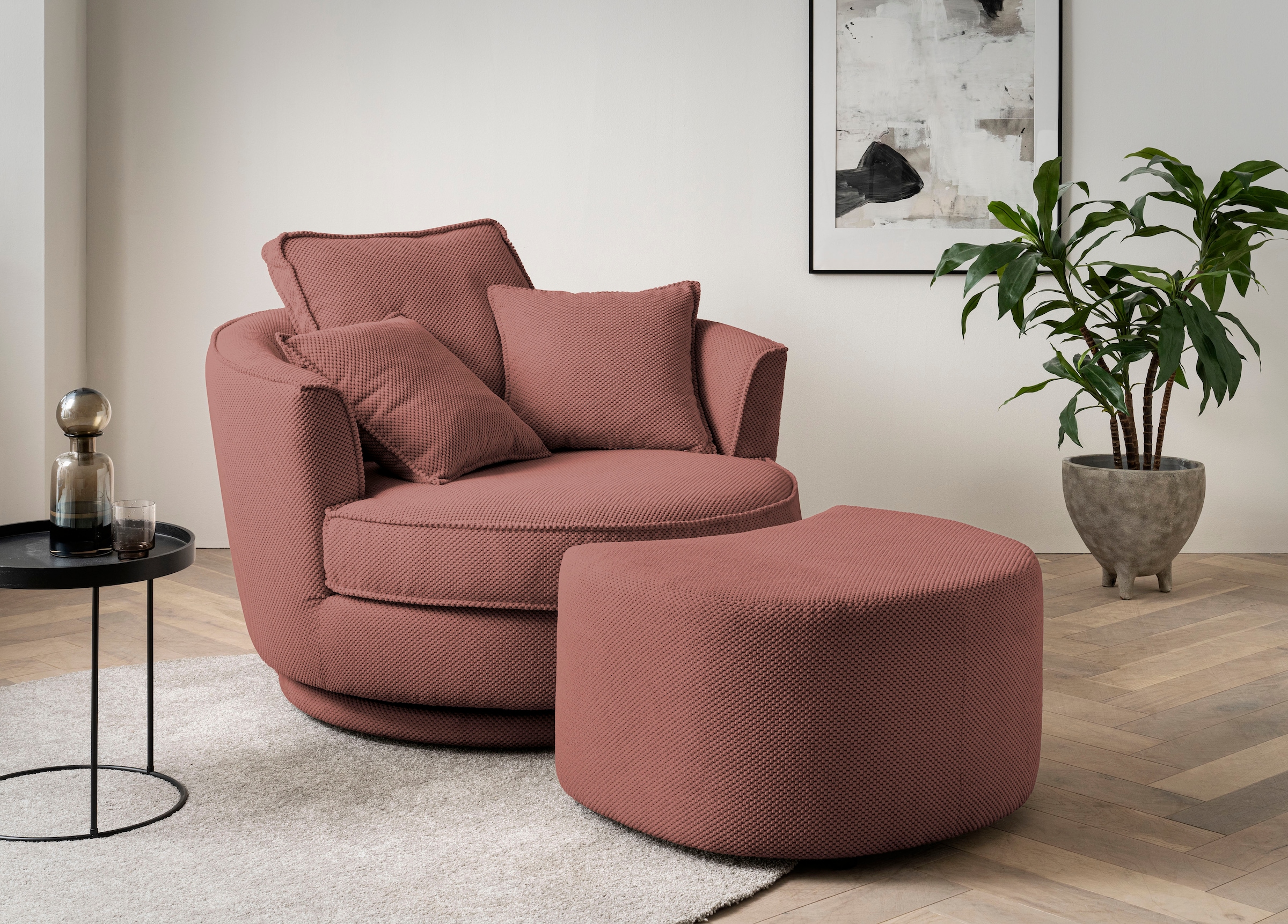 Leonique Drehsessel »MAISIE, Love Seat XXL Lese-Sessel, Big-Sessel mit Hocker,«, (2 St.), Set in MEGA CORD und Web-Velours, drehbar 360 Grad