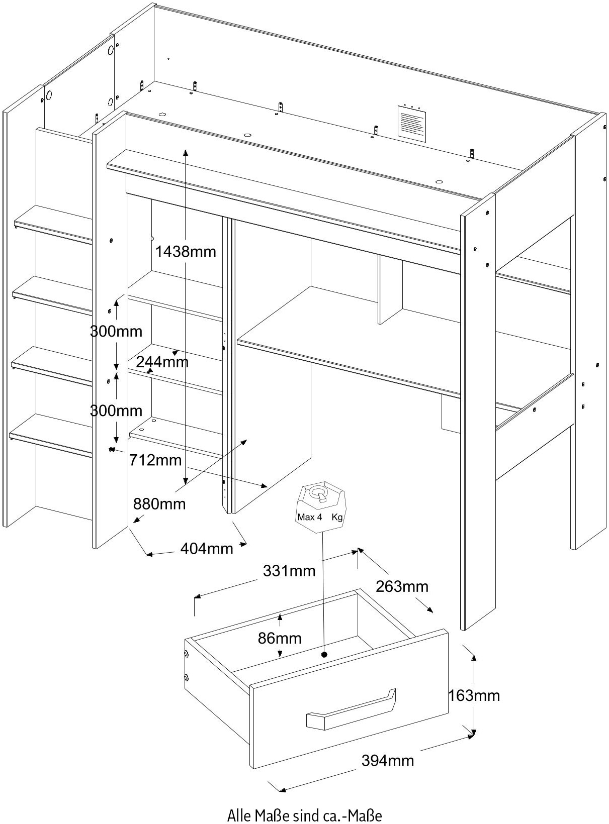 Parisot Hochbett »Heavy«, ALL-IN-ONE, mit Kleiderschrank, Schreibtisch, Leiter, Stauraum