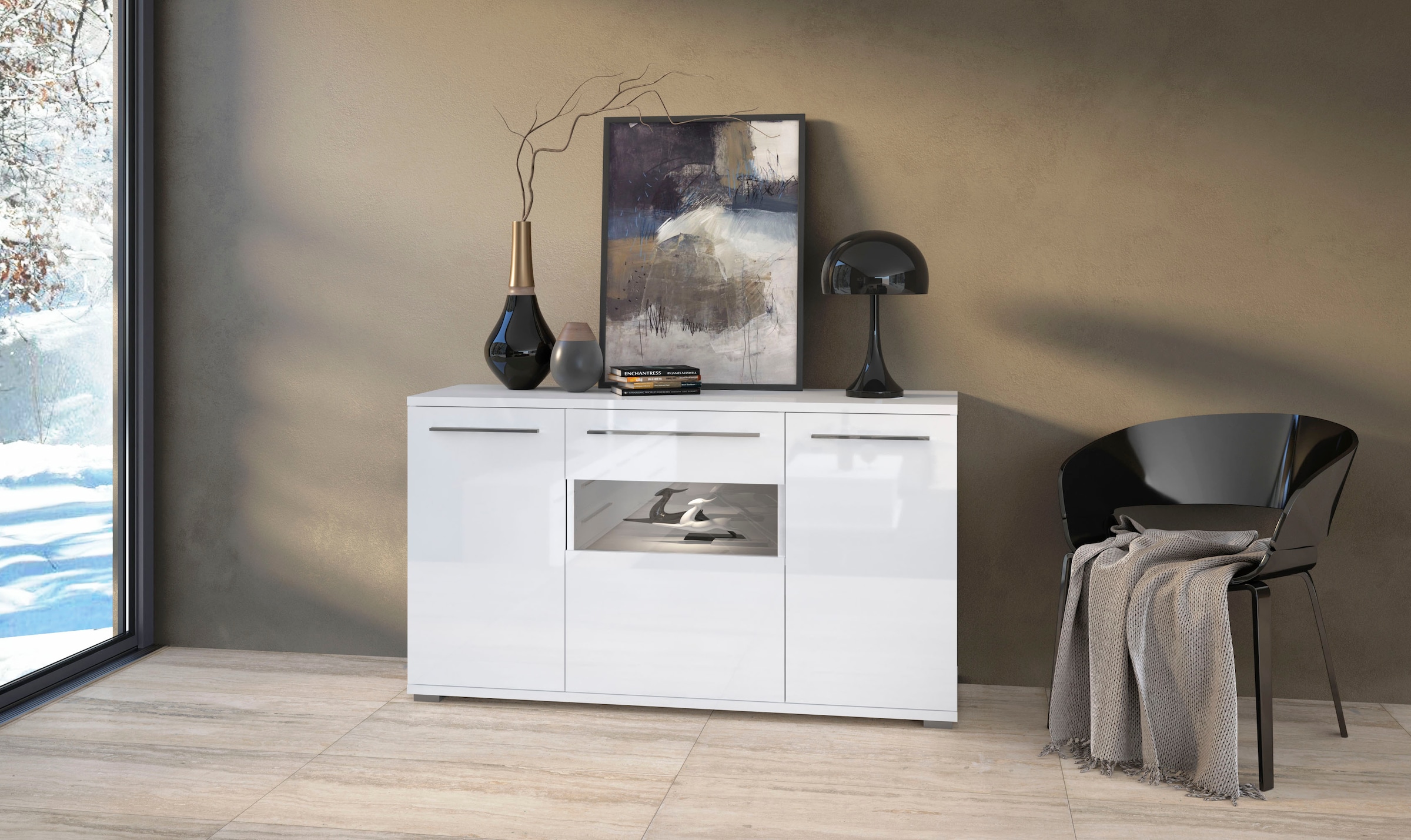 Places of Style Kommode »Piano«, (H/B/T): 84,6/150/45,2cm), Hochglanz UV lackiert, Soft-Close Funktion