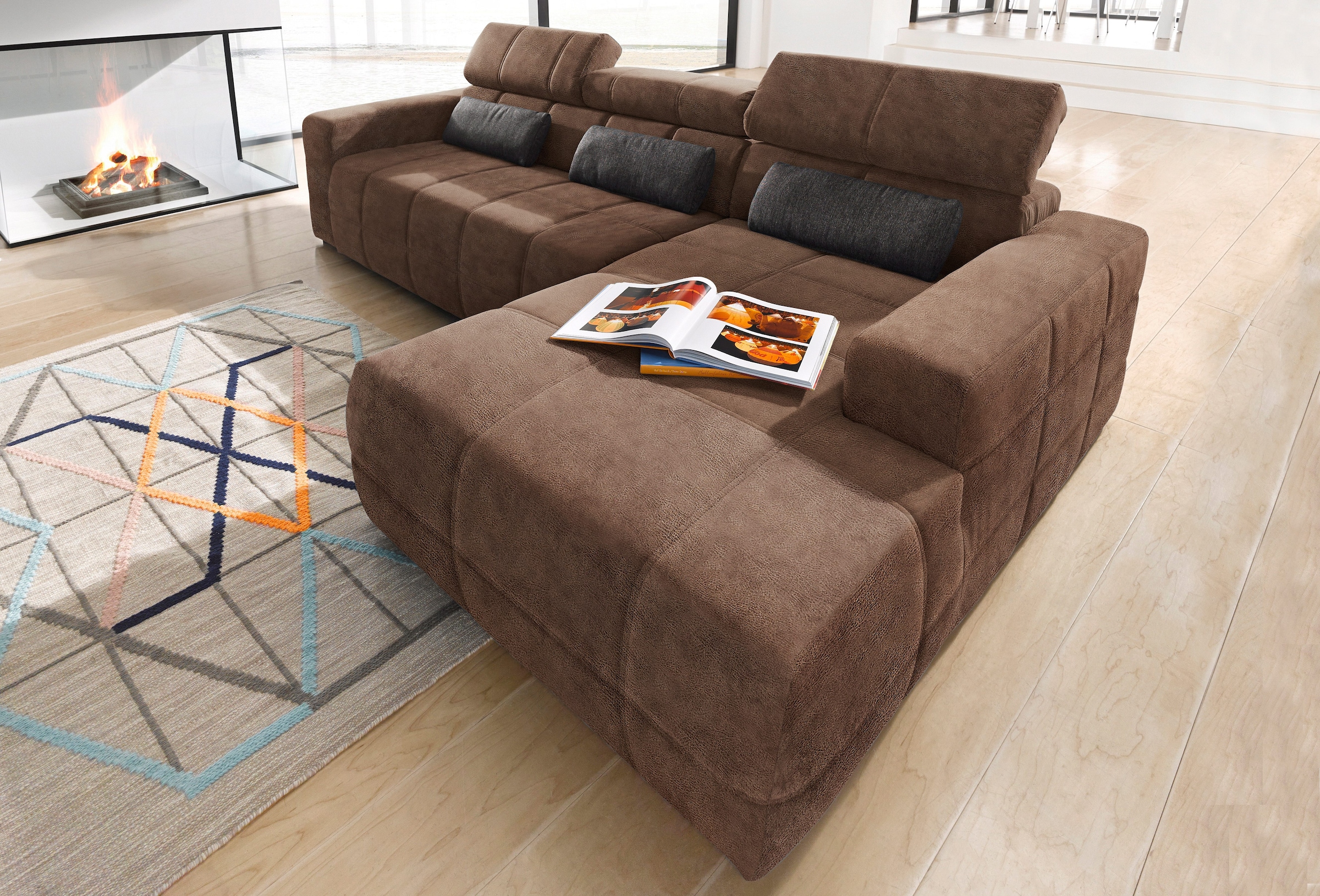 DOMO collection Ecksofa »Brandon B/T/H: 289/177/80 cm, whlw. mit Sitztiefenverstellung, L-Form«, mit Sitztiefenverstellung, Luxus-Microfaser in Lederoptik, braun