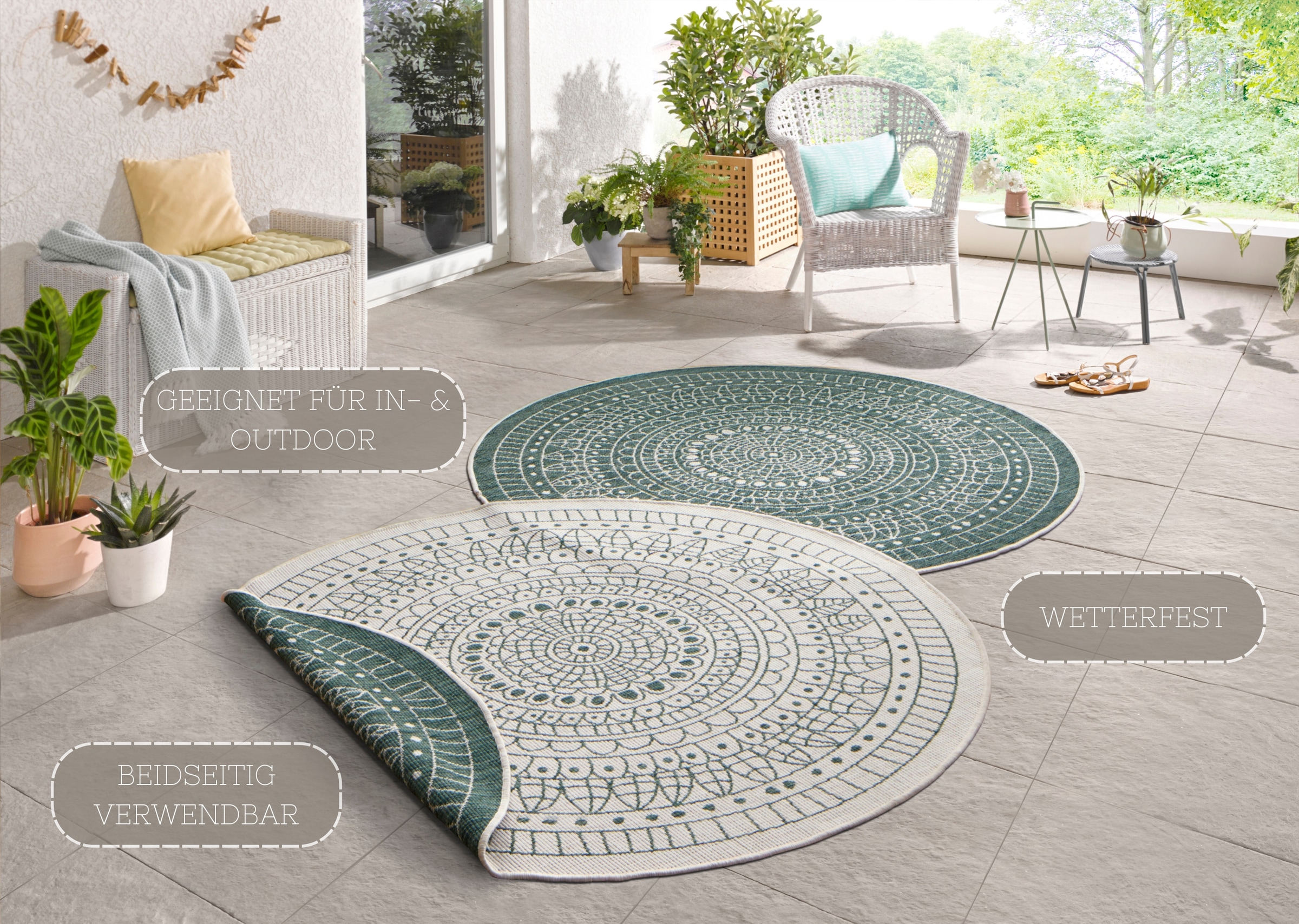 NORTHRUGS Teppich »Porto Wendeteppich«, rund, In-& Outdoor, Wetterfest, Balkon, Garten, Wohnzimmer, Wasserfest