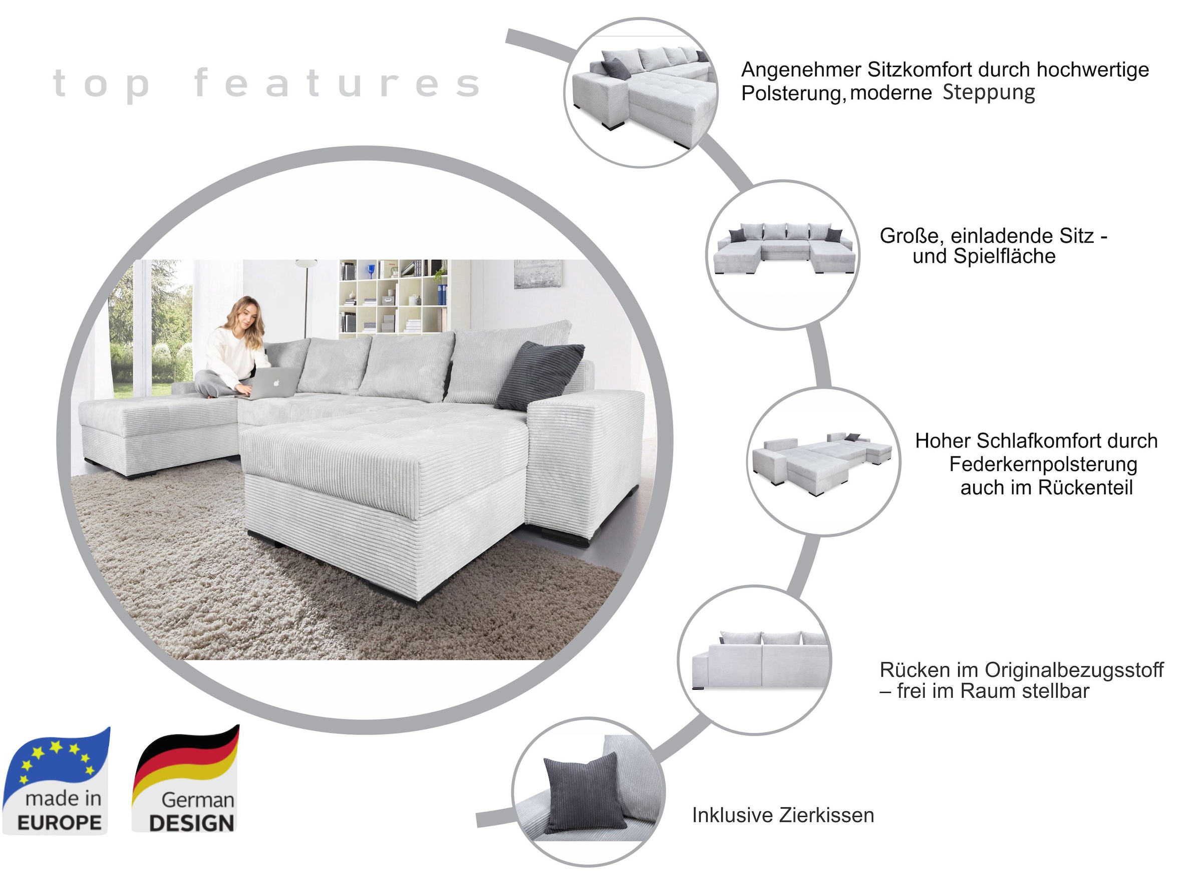 COLLECTION AB Wohnlandschaft »Josy XL U-Form, B: 313 cm in Cord, Cord-Mix«, mit Bettfunktion, Bettkasten & 2 Zierkissen, Federkern