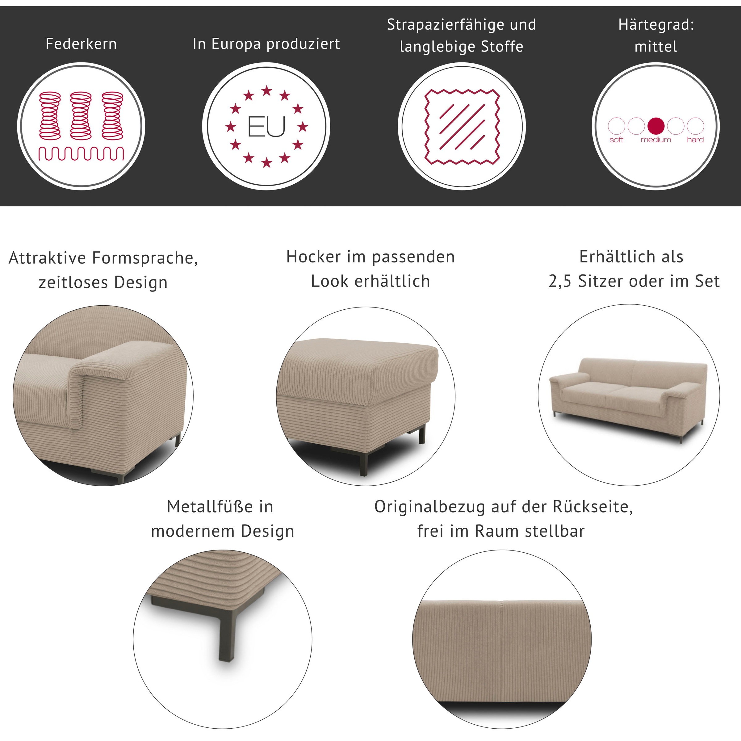 Home affaire 2,5-Sitzer "Jamie zeitlos elegant, klares Design, komfortabel"