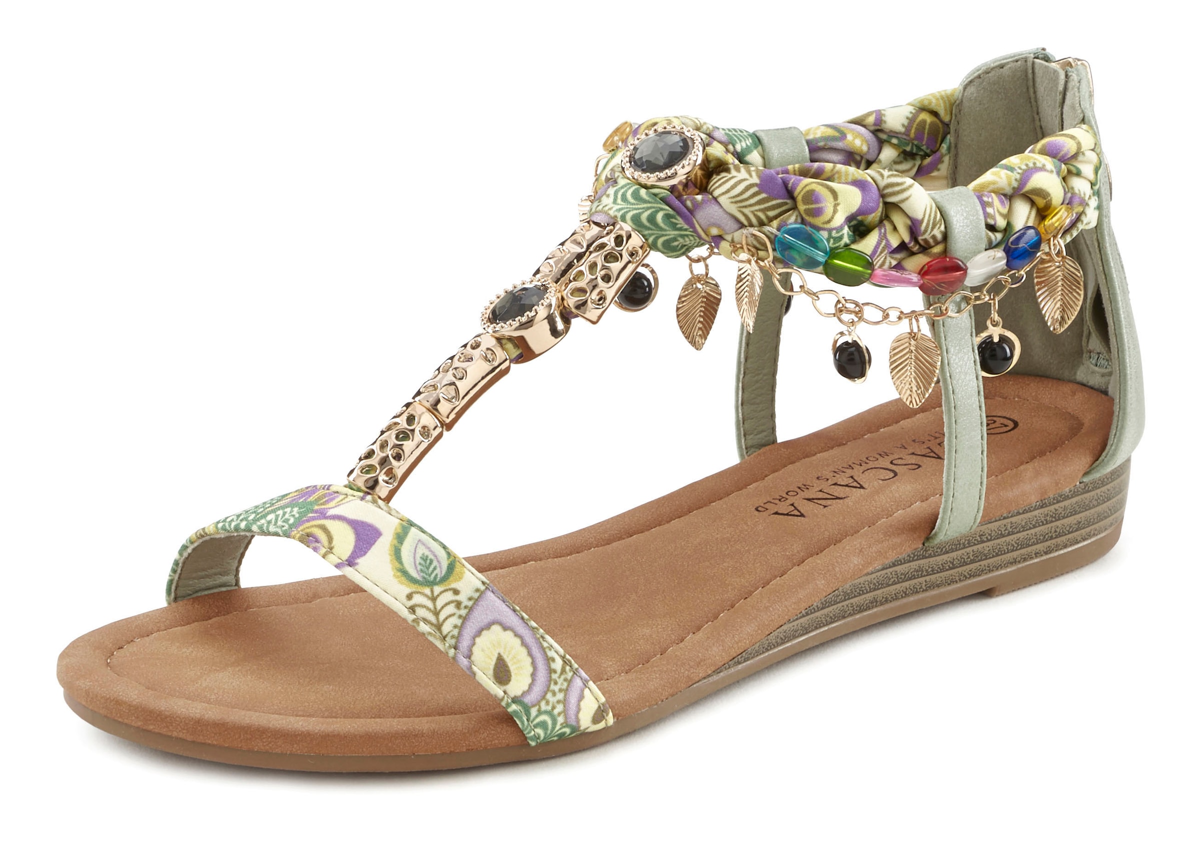 LASCANA Sandale »Sommerschuh, Sandalette,«, mit Schmuckkettchen und Schmucksteinen im Festival-Look VEGAN