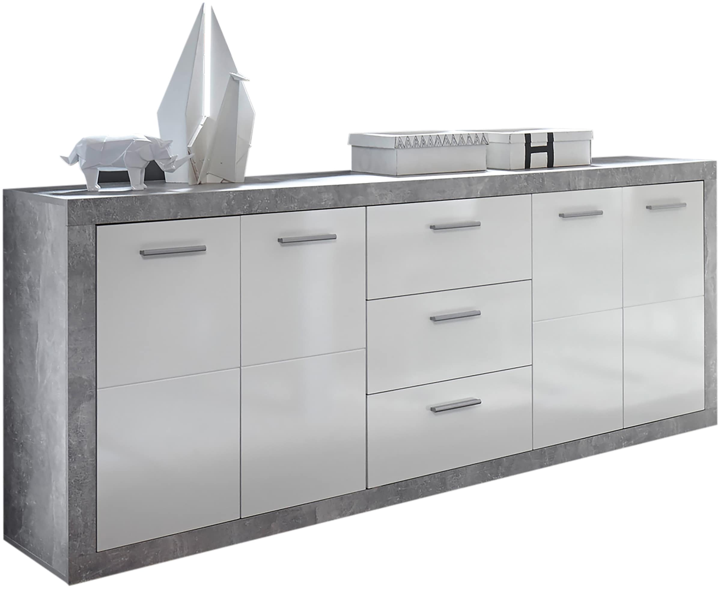 HBZ Sideboard »Stone weiss Hochglanz, Wohnzimmerschrank BxHxT 206x90x45 cm«, (1 St.), Mit 4 Türen, 3 geräumigen Schubkästen, 2 Einlegeböden verstellbar