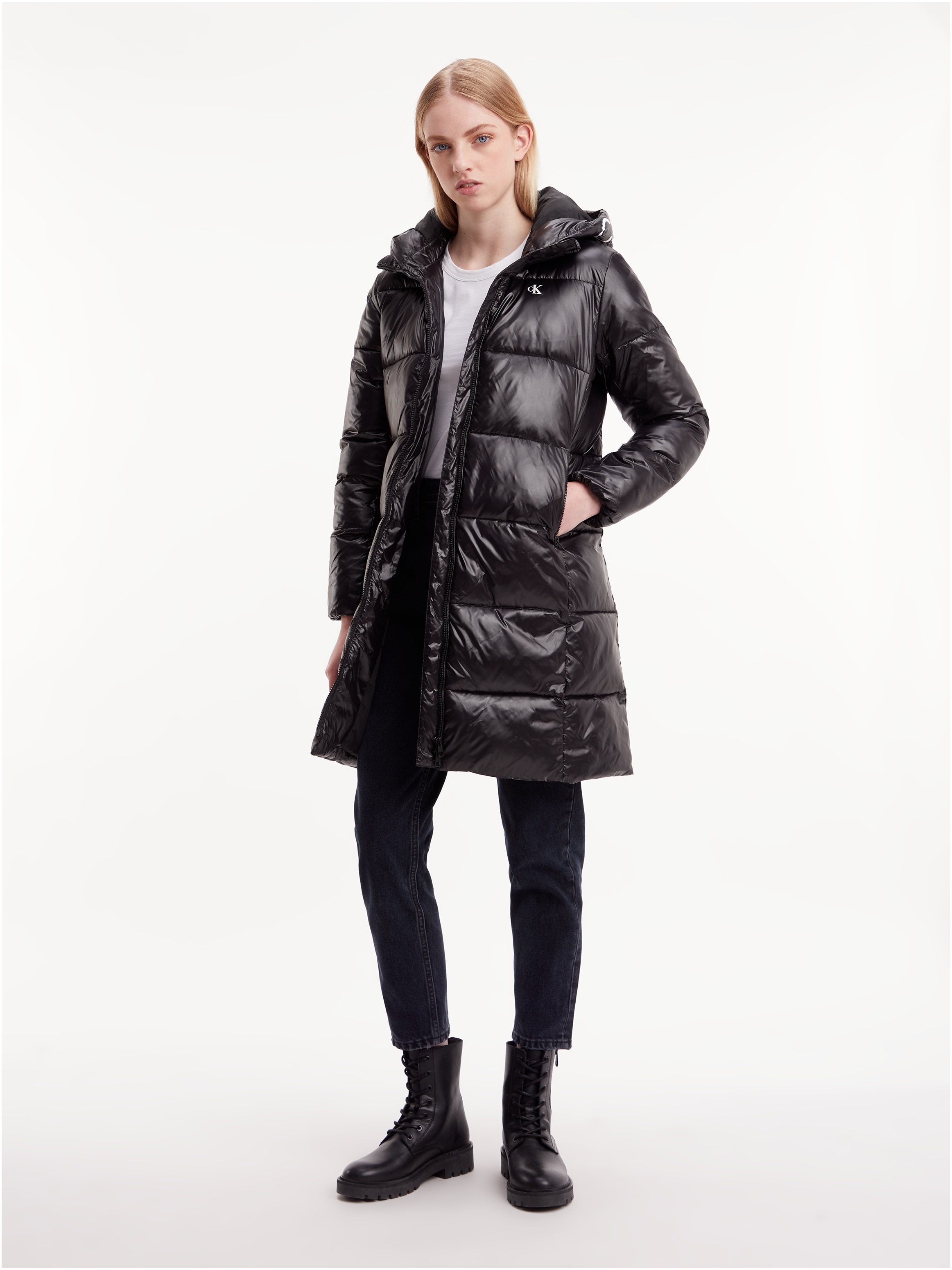 Calvin Klein Jeans Langjacke »SHINY LONG FITTED JACKET«, mit Kapuze, in  glänzender Optik online kaufen | Jelmoli-Versand