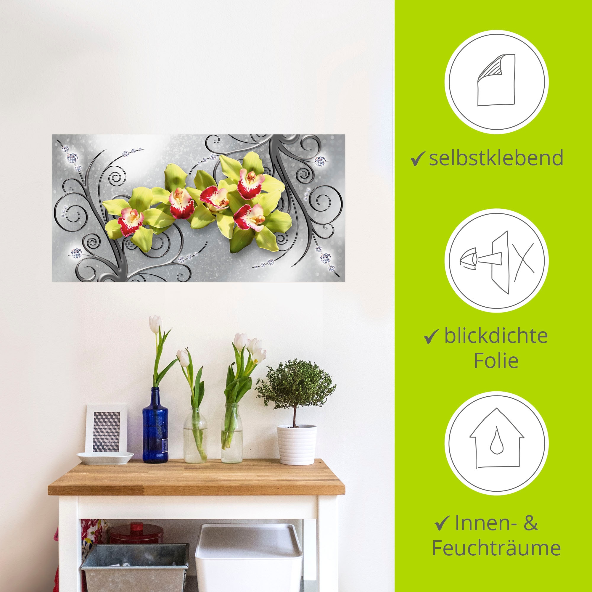 Artland Wandbild »Grüne Orchideen auf Ornamenten«, Blumenbilder, (1 St.), als Alubild, Outdoorbild, Leinwandbild, Poster, Wandaufkleber