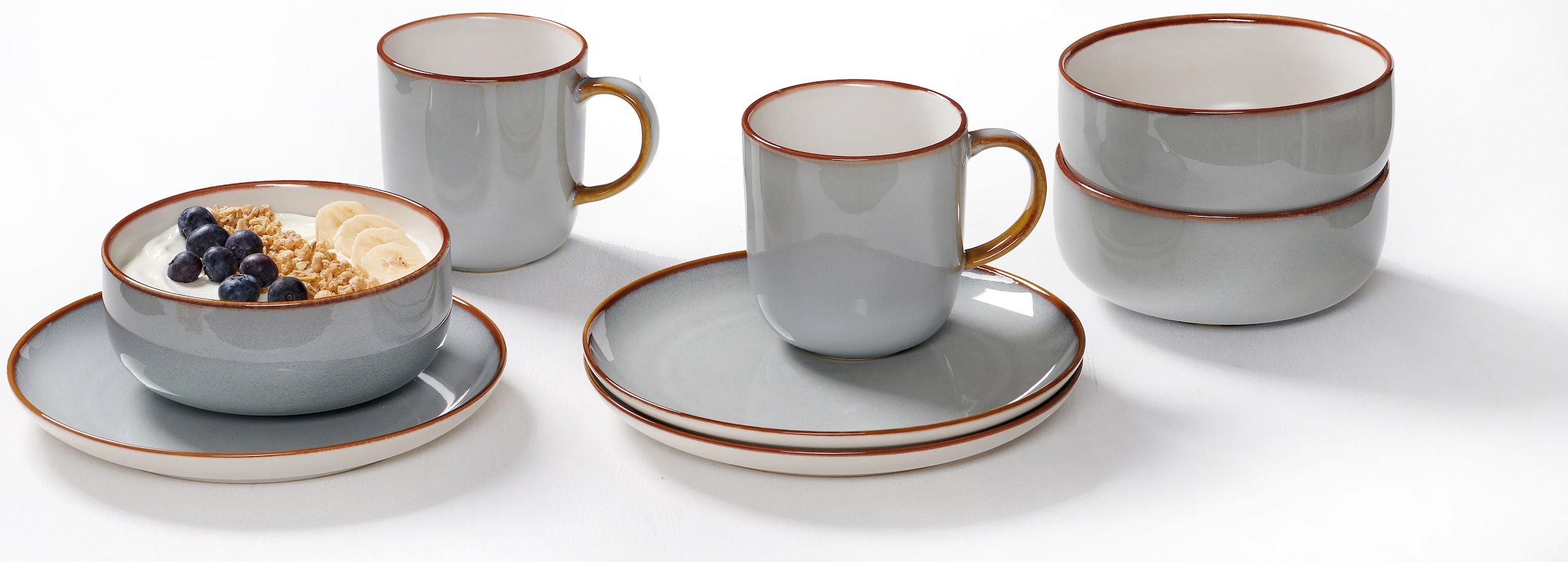 Ritzenhoff & Breker Frühstücks-Geschirrset »Portofino (Teller, Schale, Kaffeebecher)«, (Set, 12 tlg., 4 Kaffeebecher (400 m), 4 Schalen (600 m), 4 Teller Flach (Ø 20,5 cm), Reativglasur, jedes Teil ein Unikat, 12 Teile, für 4 Personen