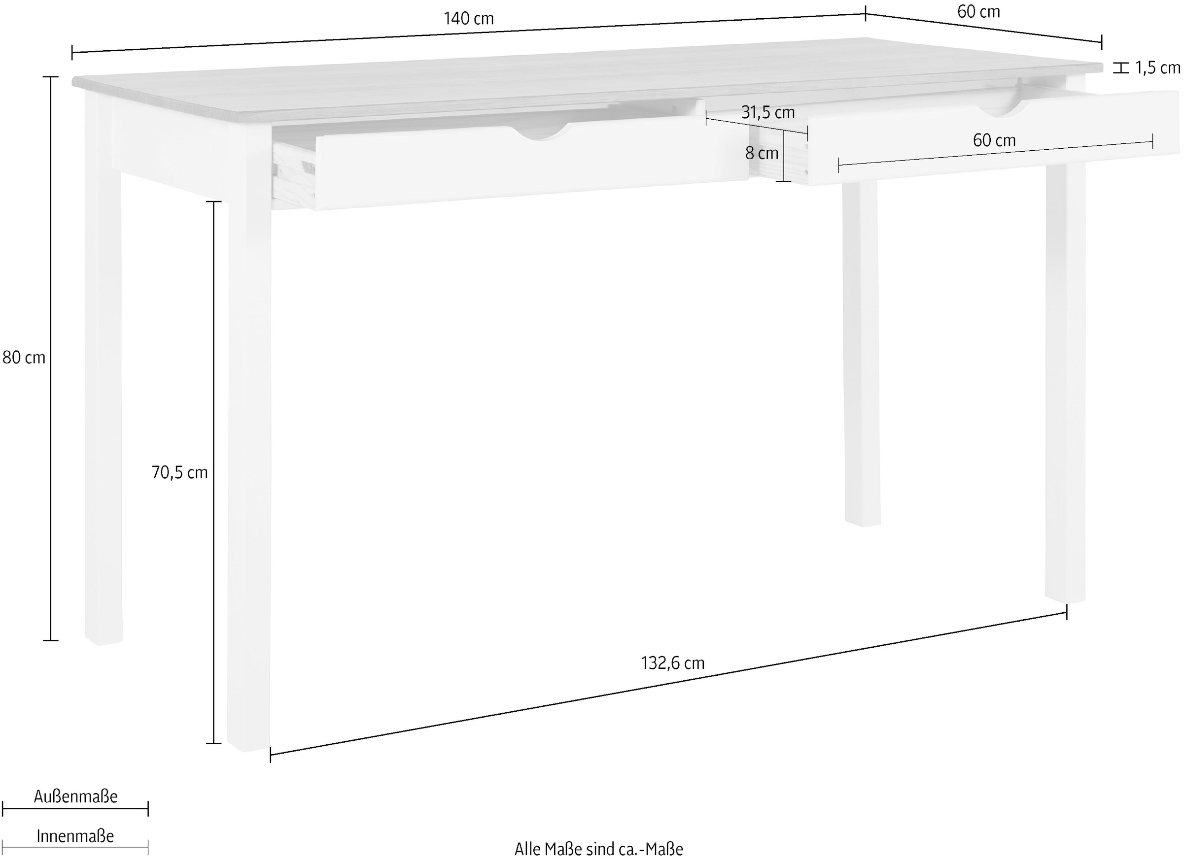 INOSIGN Schreibtisch »Gava«, aus massiven Kiefernholz, mit praktischen Griffmulden, Breite 140 cm