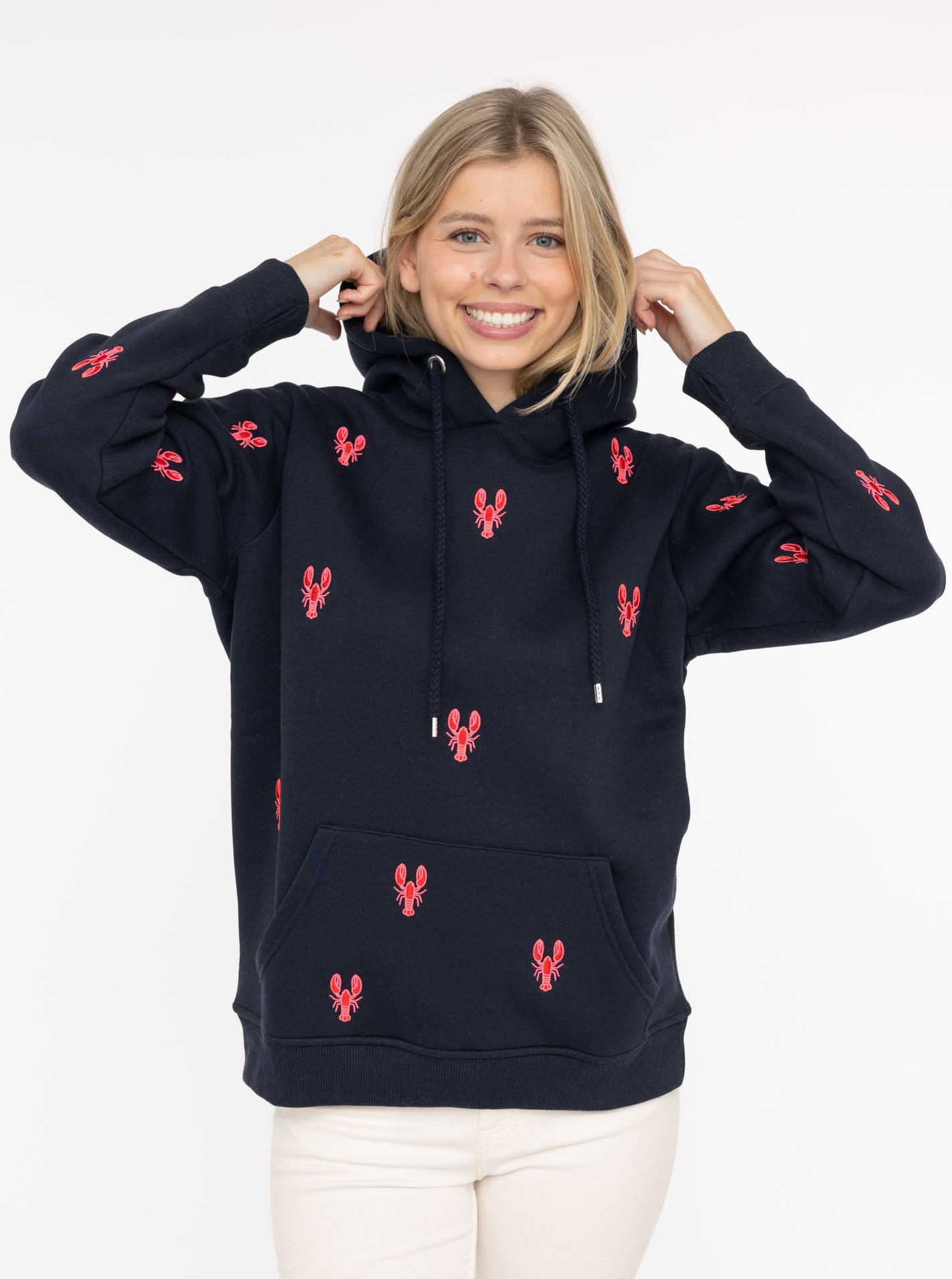 Zwillingsherz Kapuzensweatshirt, Hummer-Stickerei, Kapuze, Kordelzug, Baumwollmix