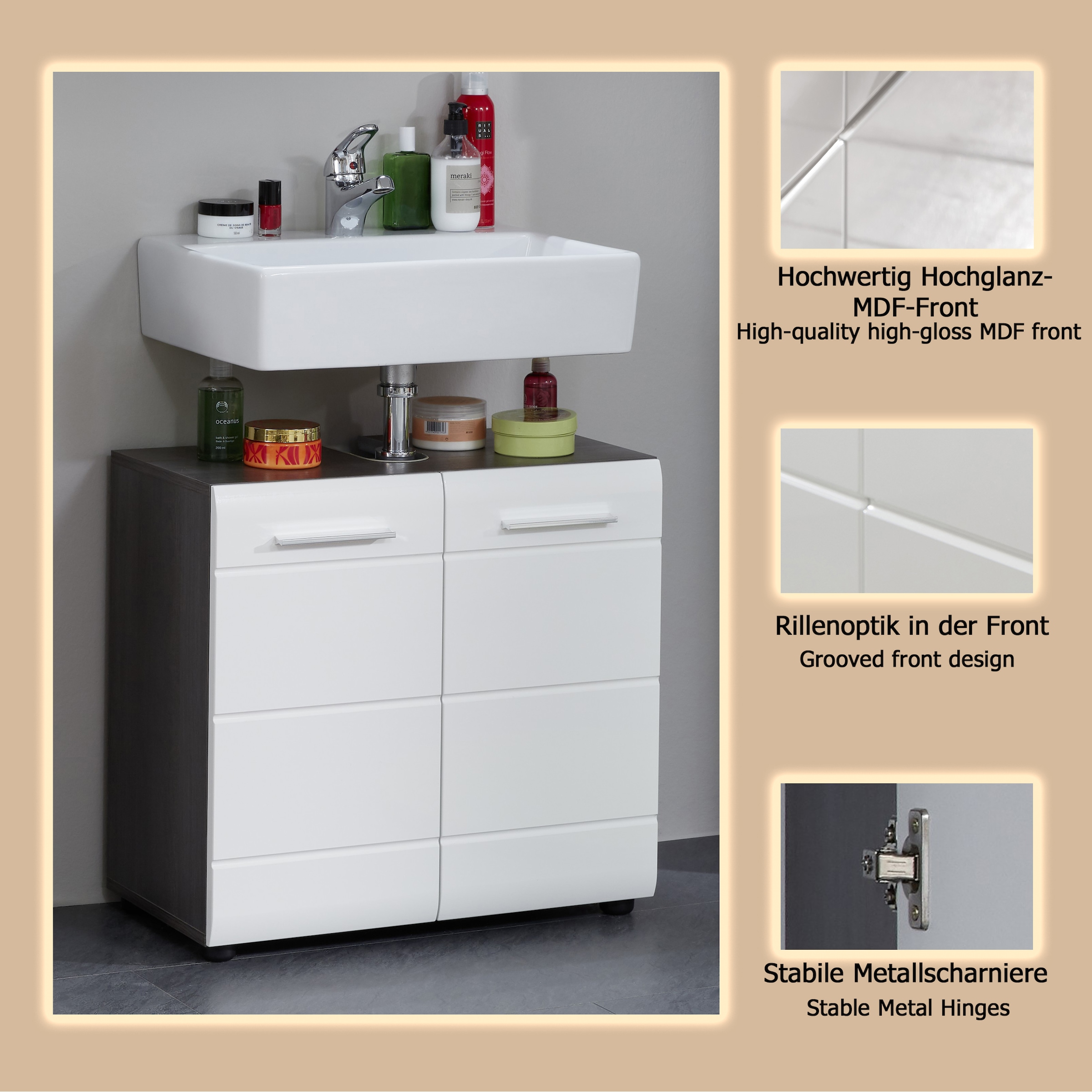 welltime Waschbeckenunterschrank »Sovana«, Waschbeckenunterschrank mit 2 Türen - (B/T/H) 60/31/57 cm