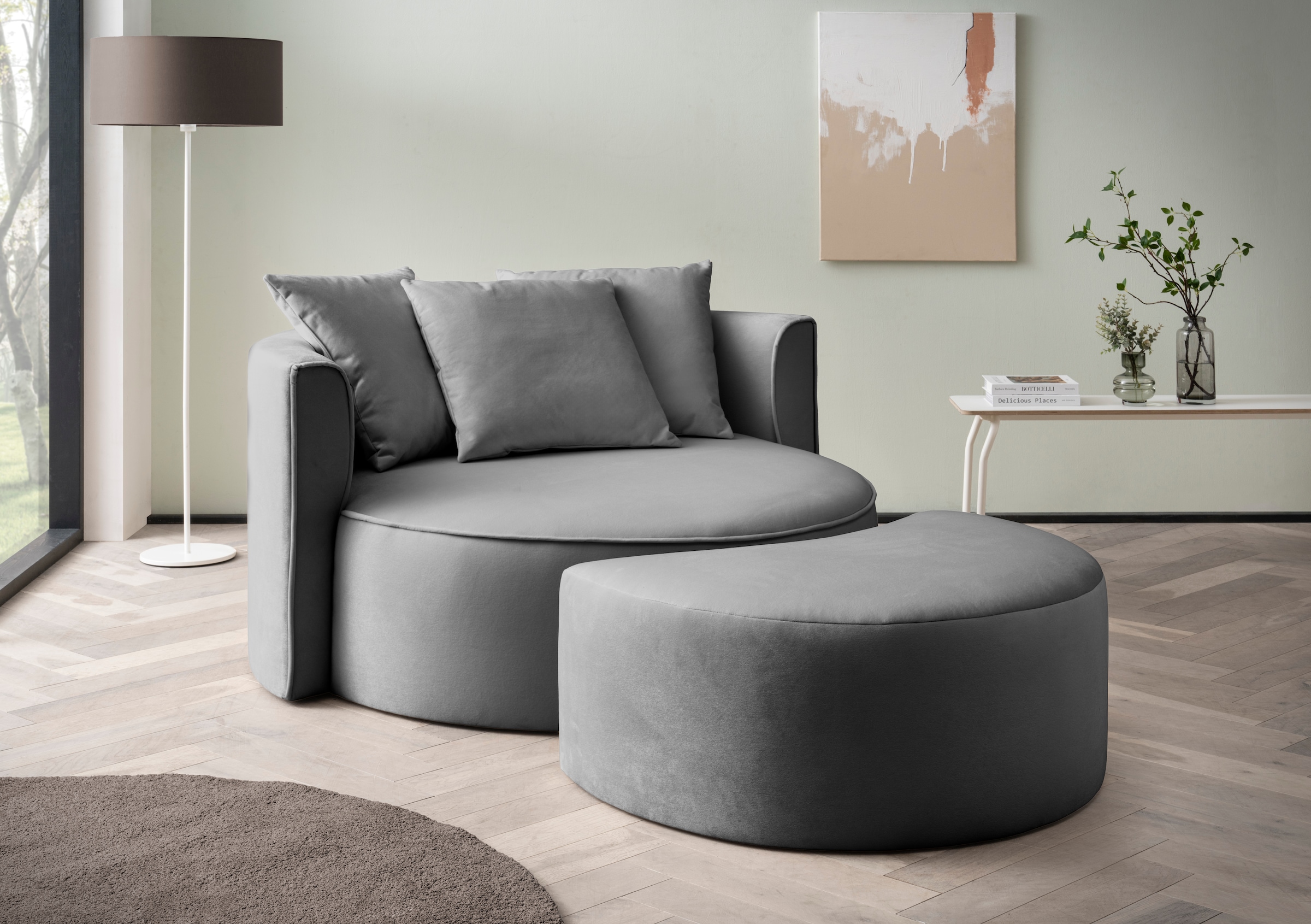 LeGer Home by Lena Gercke XXL-Sessel »ISALIE, Rundsessel mit Hocker, Lesesessel, Loveseat, Big-Sessel«, (Set), trendige Stoffe, mit 3 Zierkissen, grosse Sitzfläche