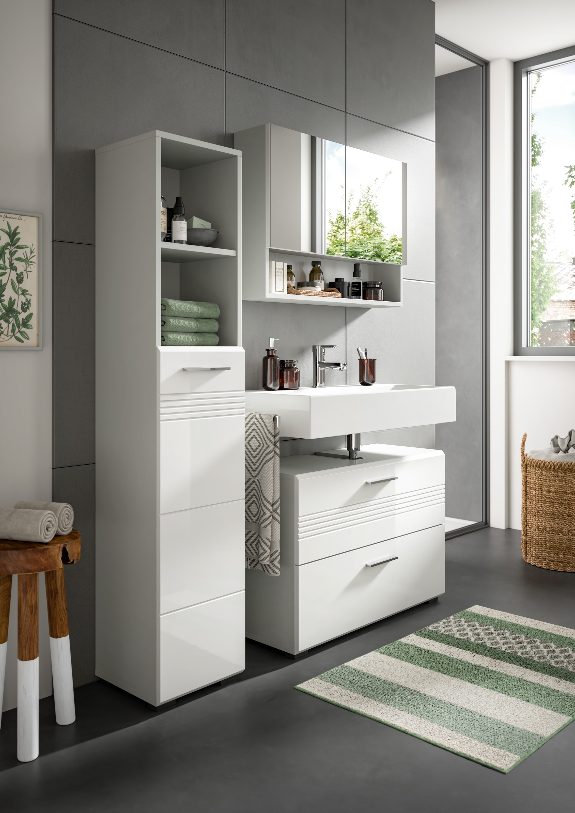 welltime Waschbeckenunterschrank »Calcio, Breite 80 cm, 2 Schubkästen, davon einer geteilt,«, MDF Front, Badschrank, Bad-Möbel, Badezimmer