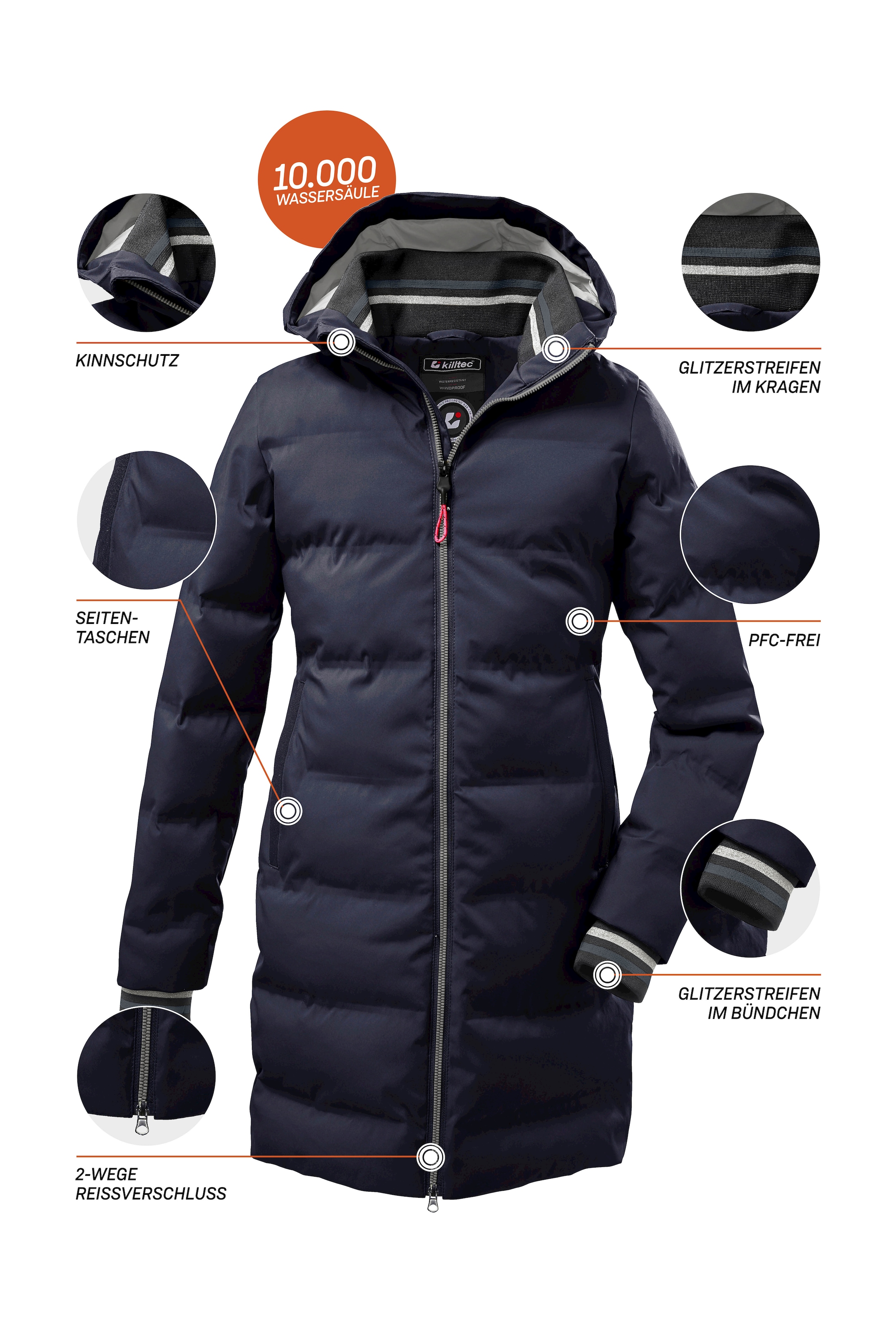 Killtec Steppmantel »KOW 196 GRLS QLTD CT«, Wasserabweisender Parka mit Daunenoptik, verstellbarer Kapuze und 2-Wege-Reissverschluss