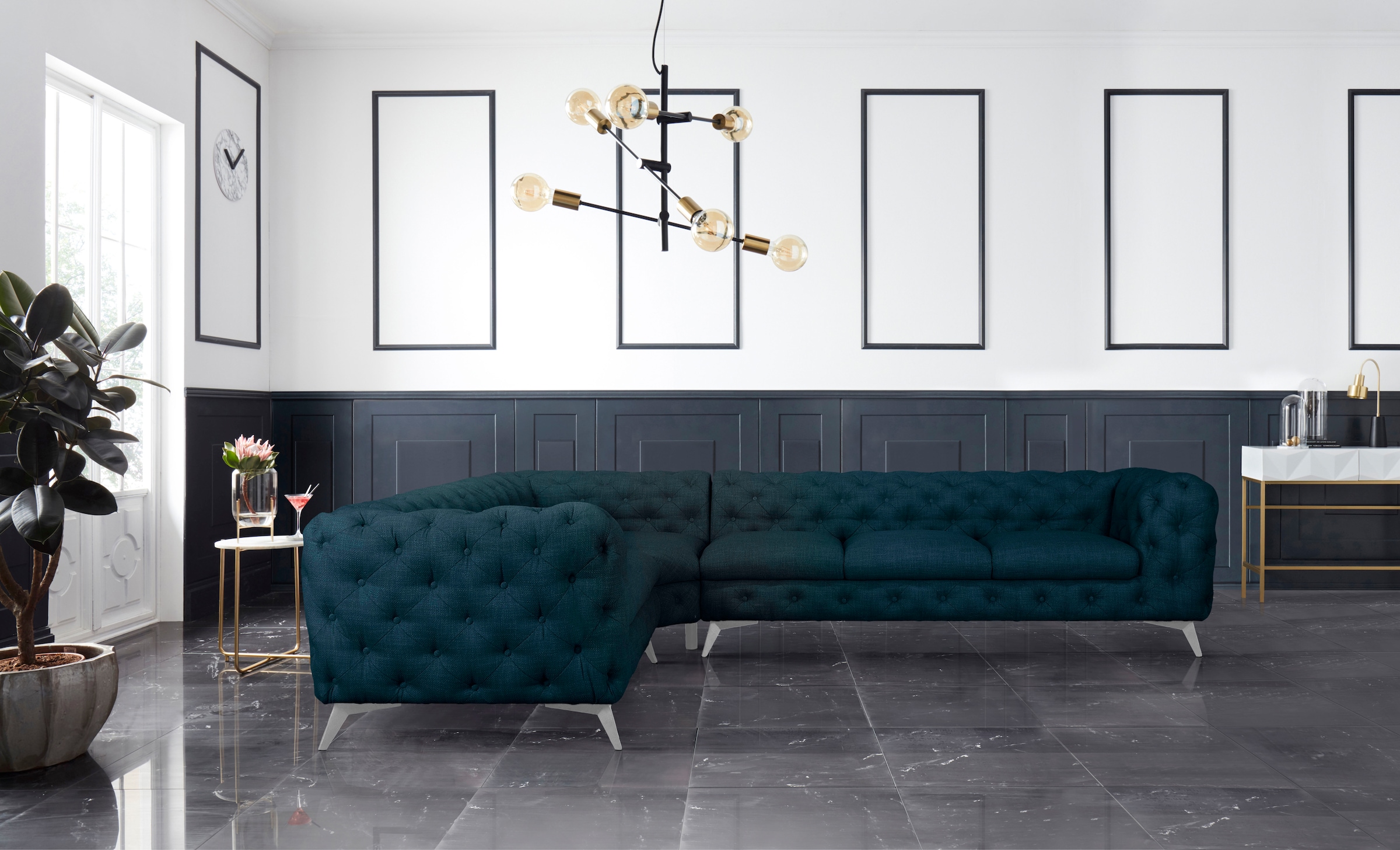 Leonique Chesterfield-Sofa »Ecksofa GLYNIS L-Form mit Wellenunterfederung, Masse B/T/H 323/264/75cm«, aufwändige Knopfheftung, moderne Chesterfield Optik, Fussfarbe wählbar