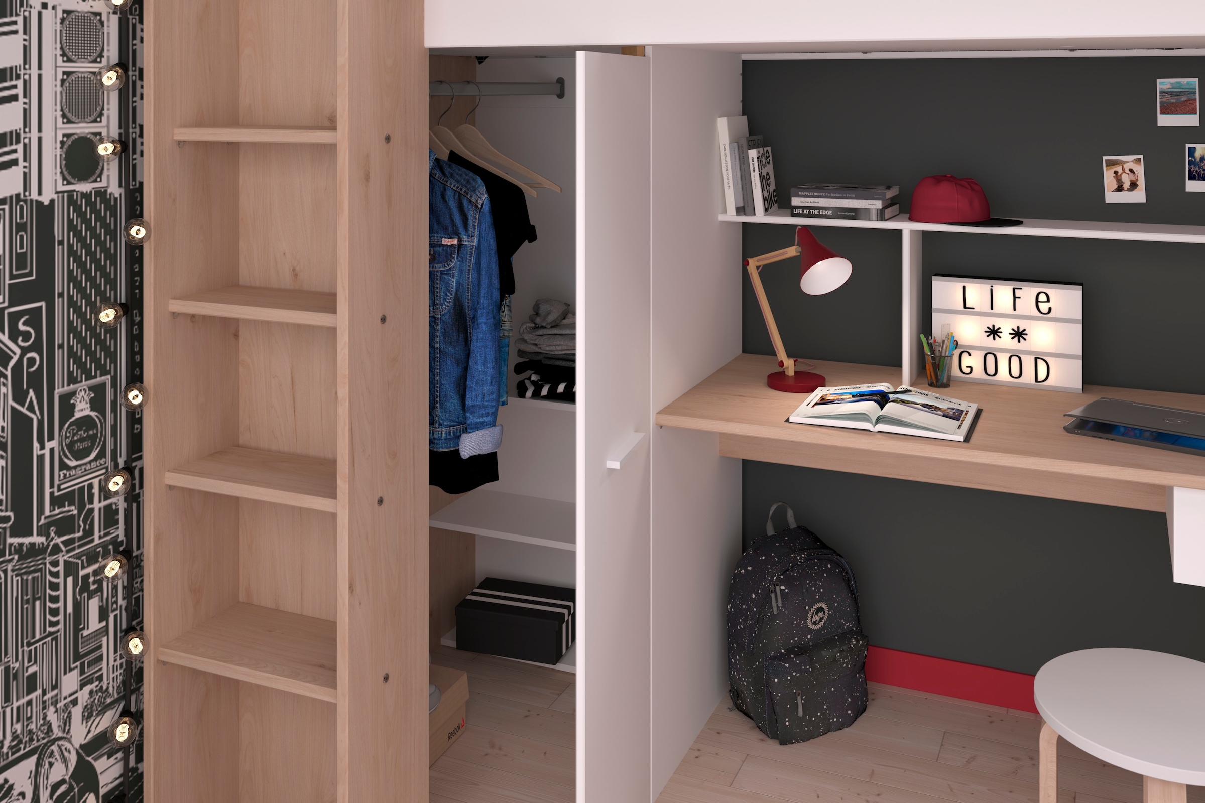 Parisot Hochbett »Heavy«, ALL-IN-ONE, mit Kleiderschrank, Schreibtisch, Leiter, Stauraum