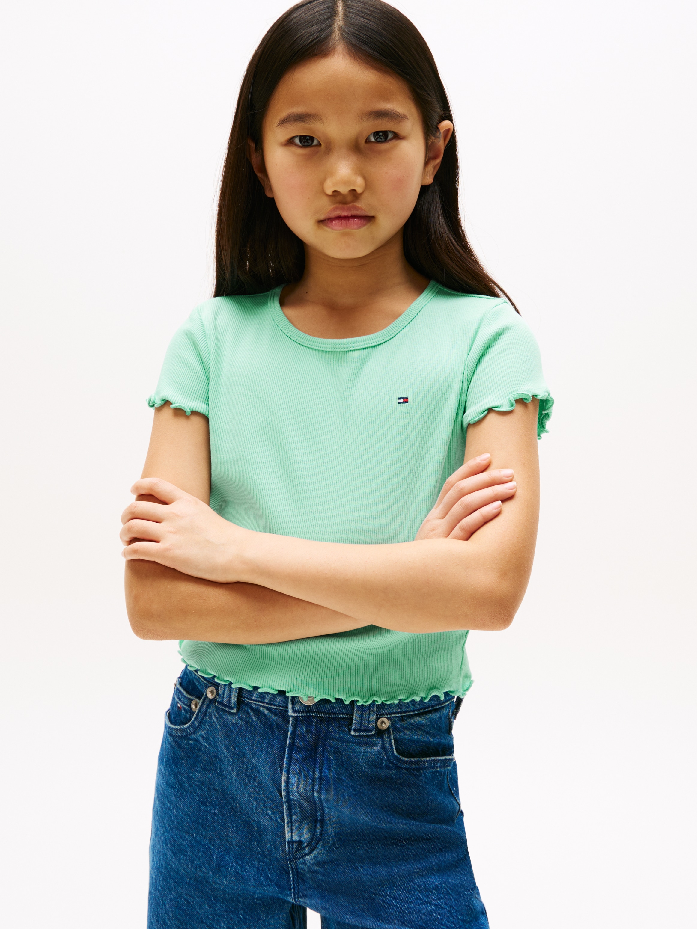 Tommy Hilfiger T-Shirt »ESSENTIAL RIB TOP mit Babylock-Kanten und Stickerei« unifarben, casual, regular fit, Baumwollmix, Rundhals