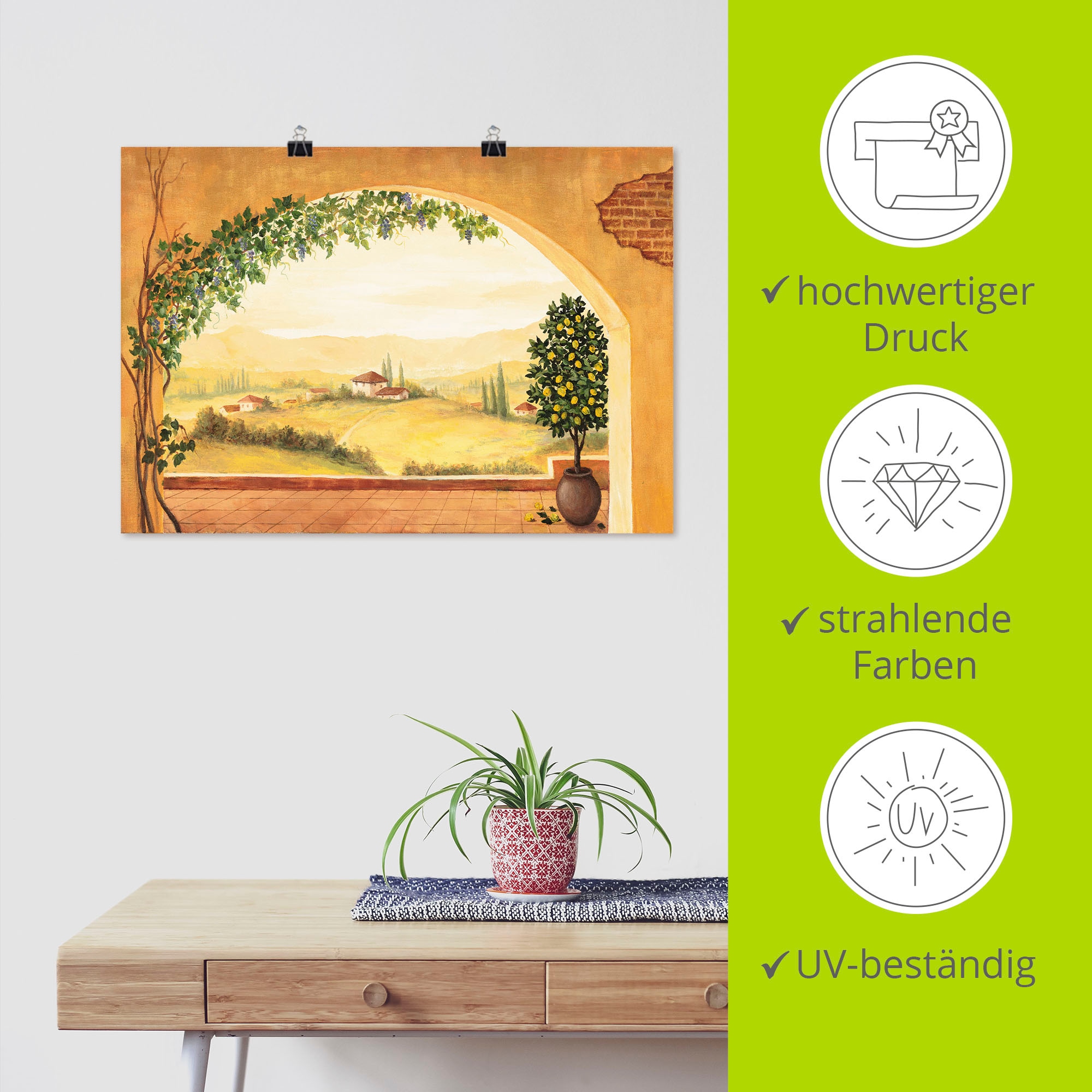 Artland Wandbild »Weinranken vor der Toskanalandschaft«, Fensterblick, (1 St.), als Leinwandbild, Poster in verschied. Grössen