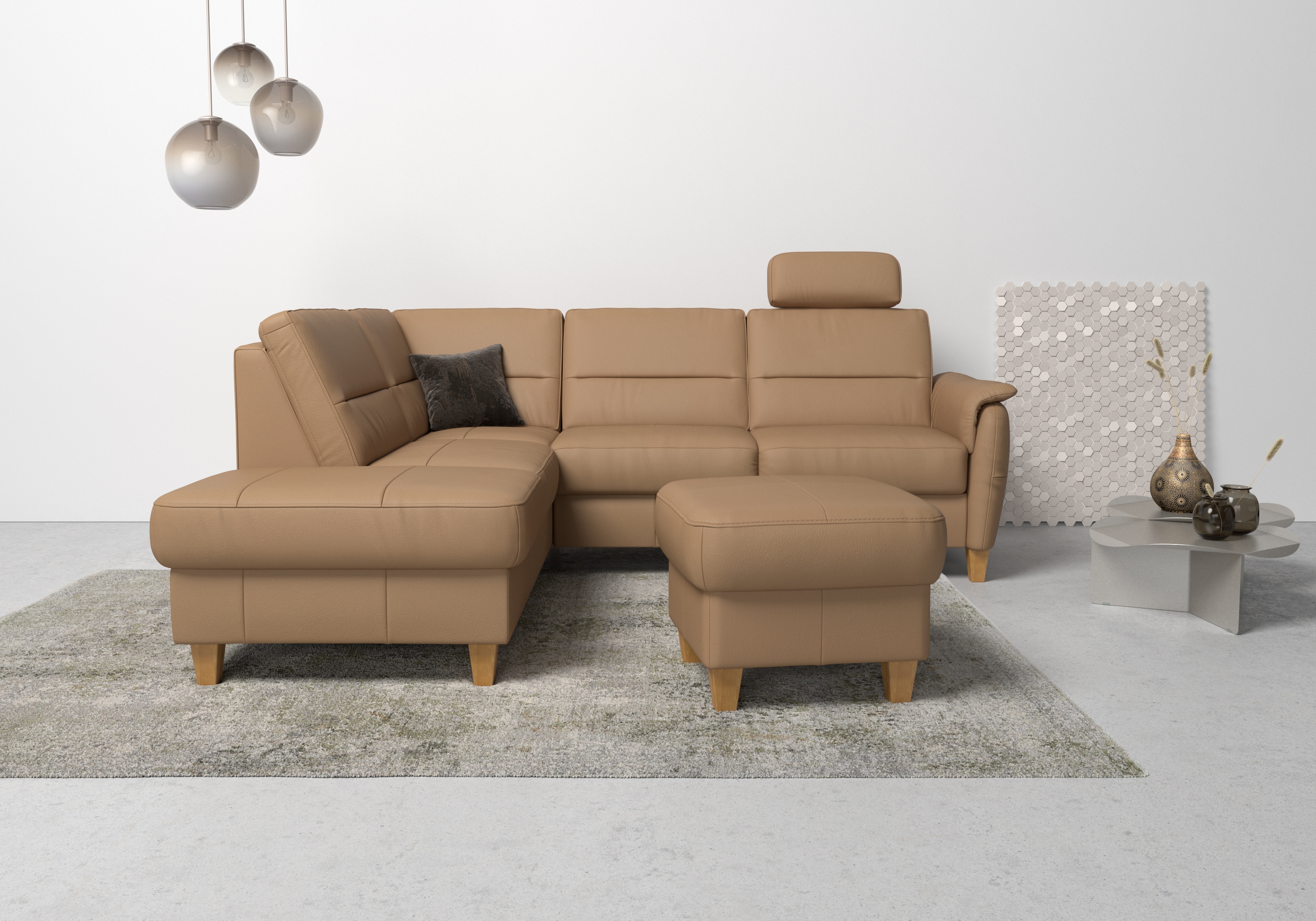Home affaire Ecksofa "Palmera, L-Form, B: 236 cm, Bettfunktion & Bettkasten wählbar" Federkern-Polsterung, Sitzhöhe 48 cm, handgefertigt, stilvolles Design