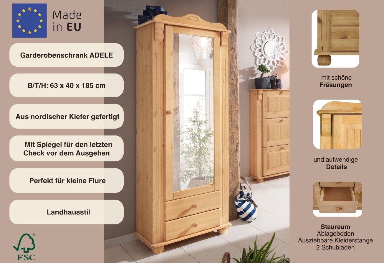 Home affaire Garderobenschrank »Adele«, mit Spiegel, Breite 63 cm, mit 2 Schubladen, aus massiver Kiefer, FSC®