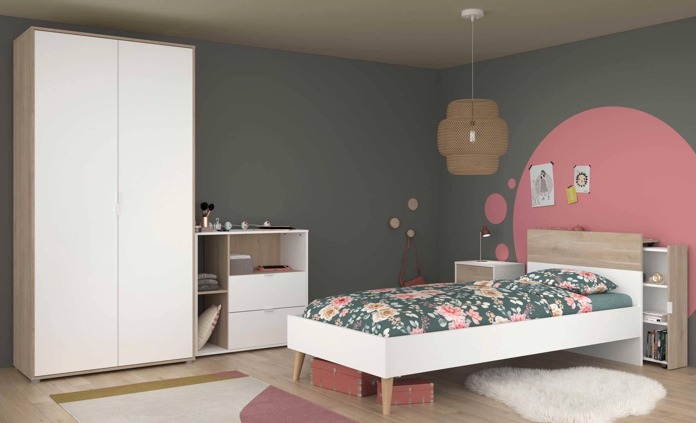 Parisot Jugendzimmer-Set "Aalborg 2" Set, 4 Stk. tlg. ausziehbares Regal am Bett, viel Stauraum, tolle Optik