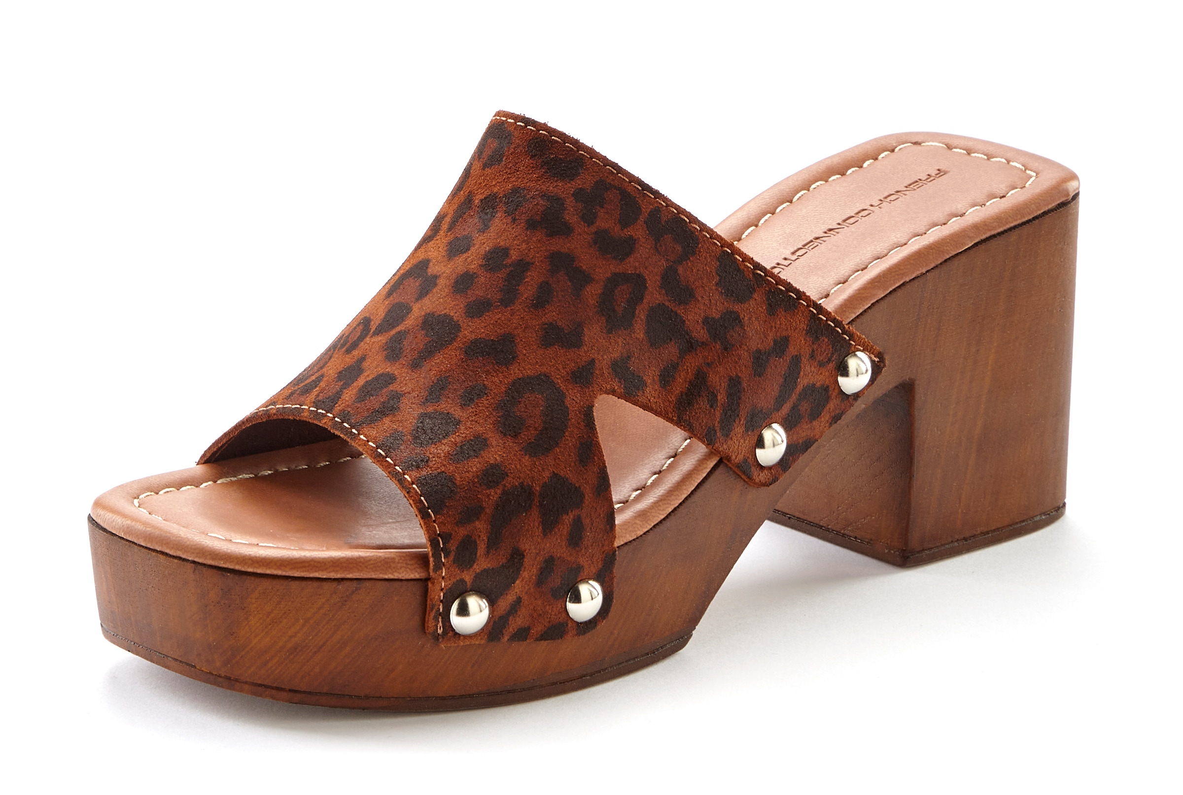 French Connection Pantolette, Mule, Sandale, offener Schuh aus Leder mit Blockabsatz