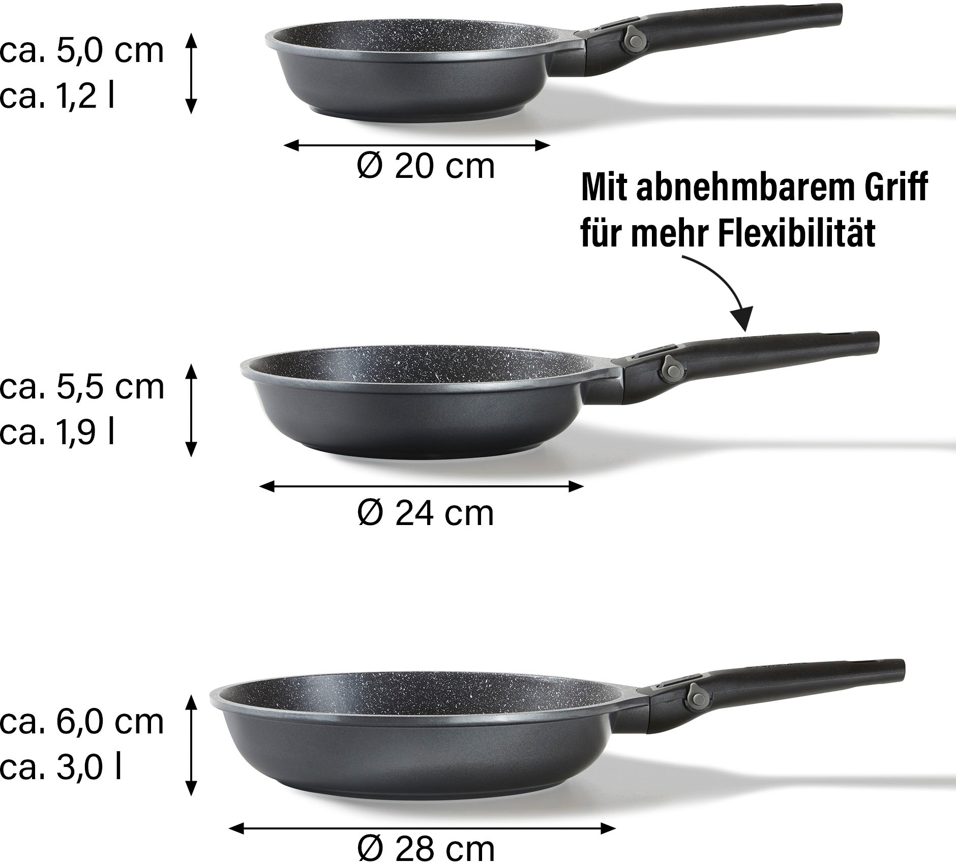 STONELINE Pfannen-Set »Imagination PLUS«, Aluminiumguss, (Set, 3 tlg., je 1 Pfanne Ø 20/24/28 cm, Fassungsvermögen 1,2 L/1,9 L/3,0 L), einzigartige Steinpartikel-Beschichtung, Induktion