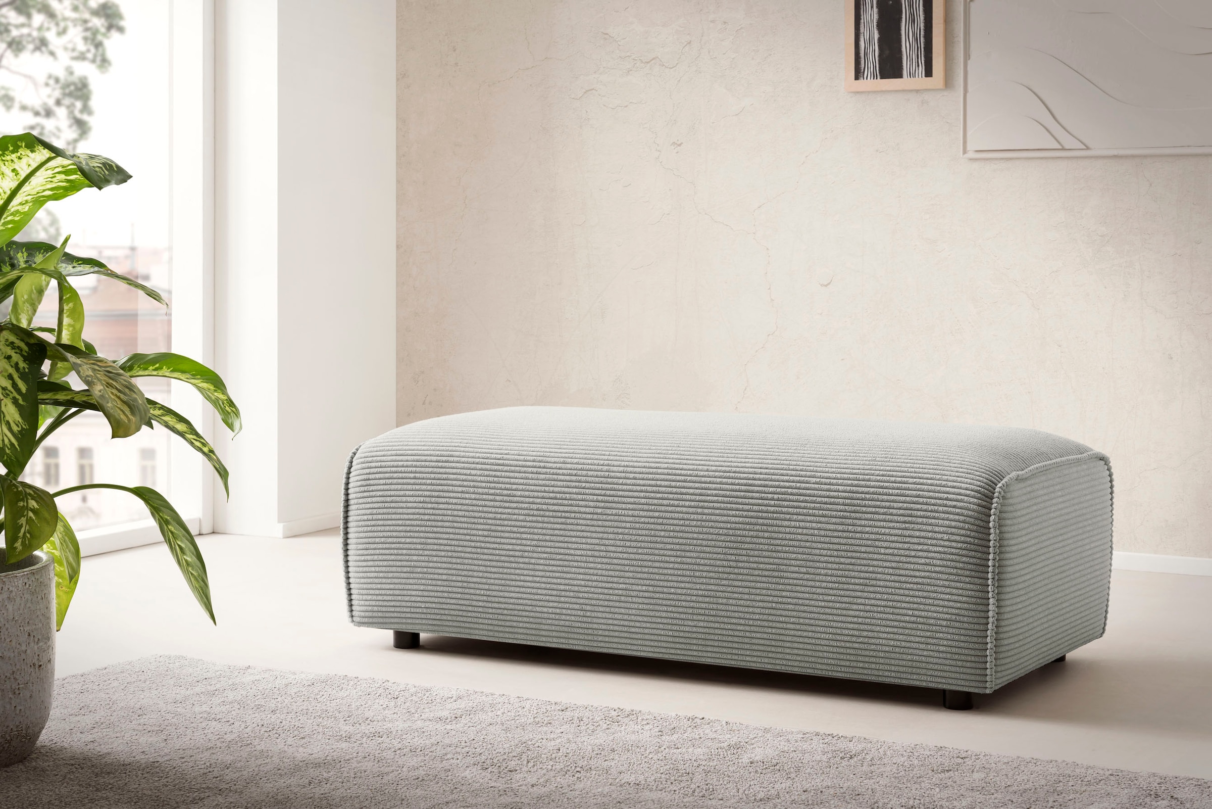 LeGer Home by Lena Gercke Hocker »PIARA, Polsterhocker mit Kedernaht, Cord, Leinenoptik o. Strukturstoff«, zur Serie PIARA, rechteckig, schwarze Füsse, bequemer Sitzkomfort